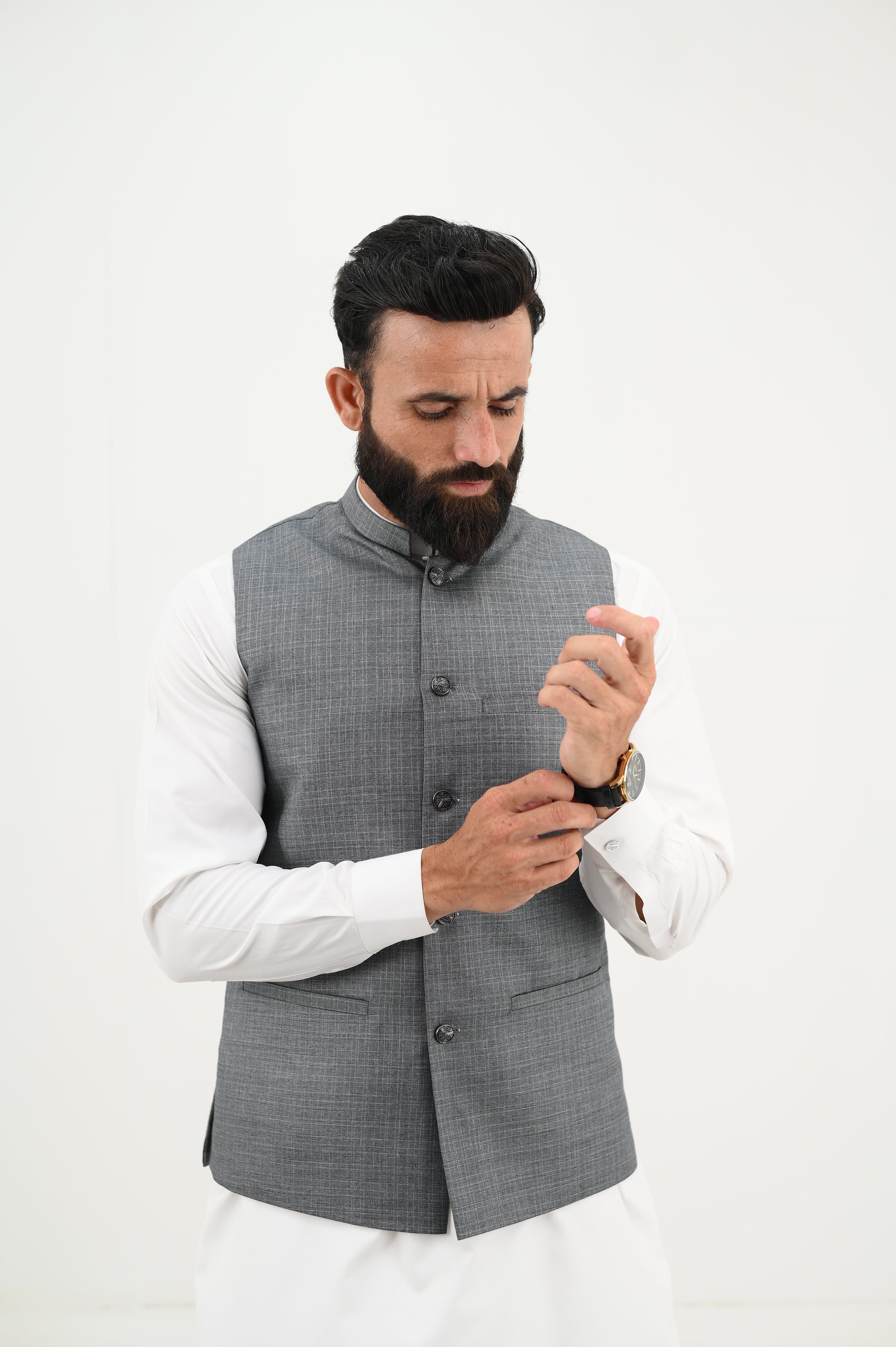 AlifYay  White Kurta Shalwar & Grey Waistcoat - AY-031 - Blended - 3 Piece