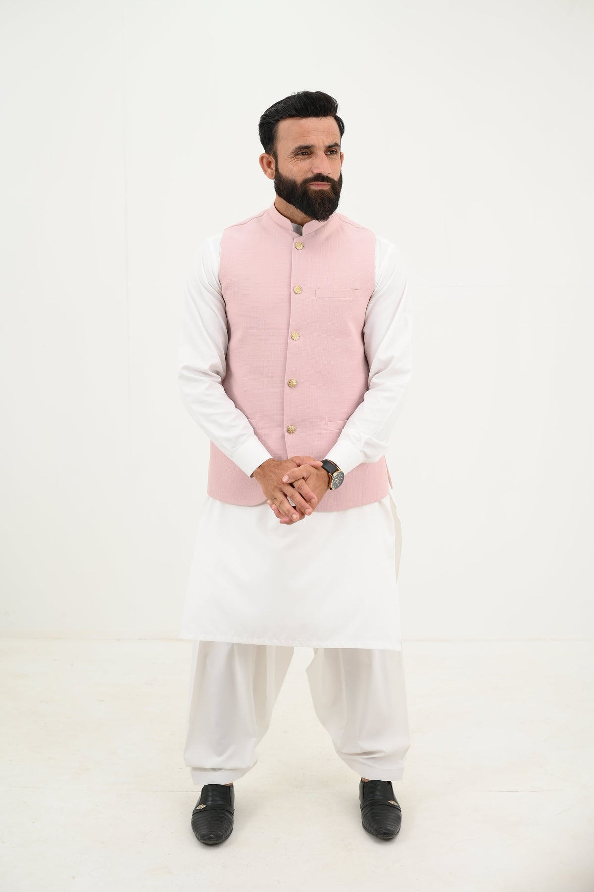 AlifYay  White Kurta Shalwar & Pastle pink Waistcoat - AY-032 - Blended - 3 Piece