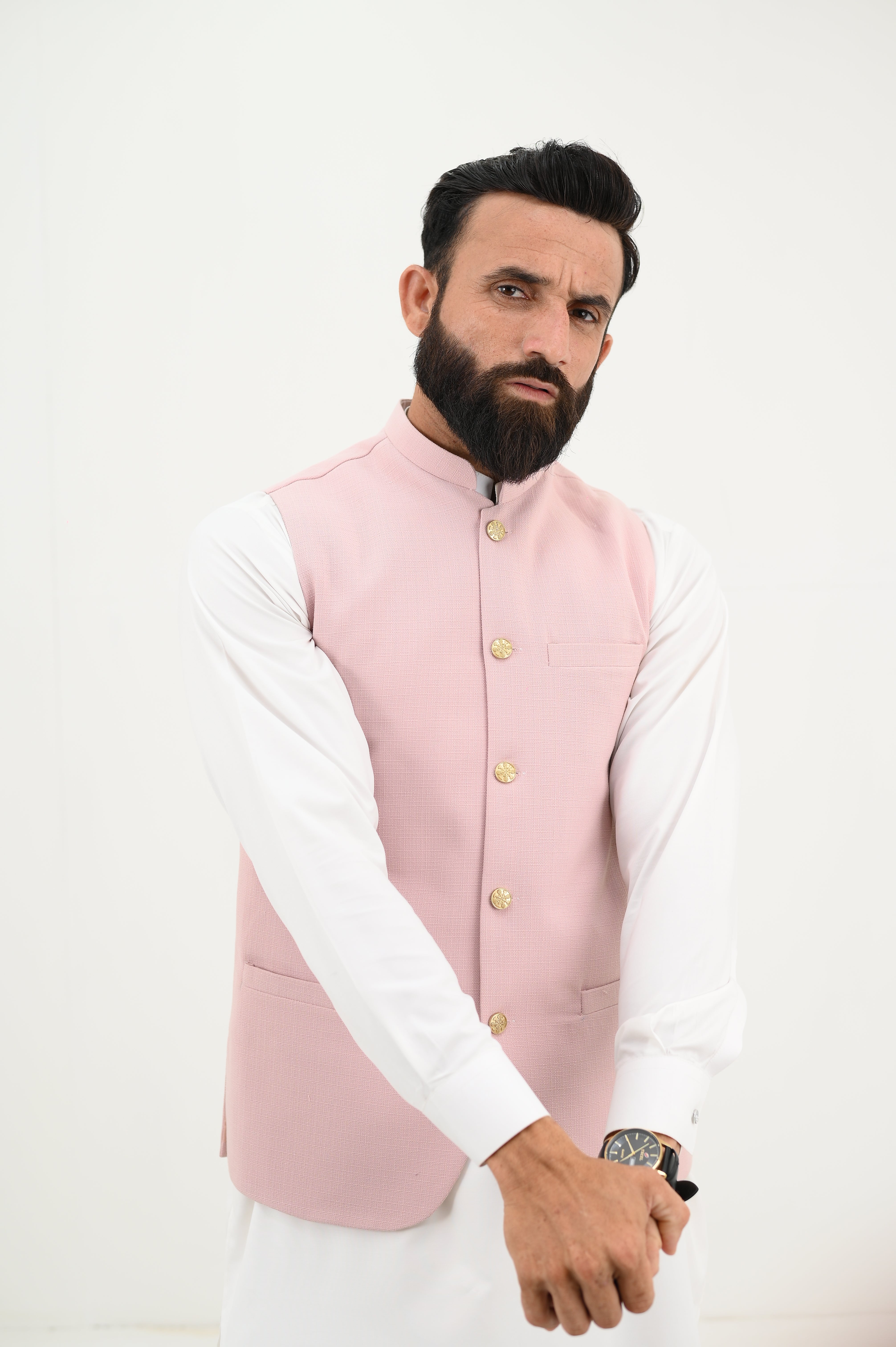 AlifYay  White Kurta Shalwar & Pastle pink Waistcoat - AY-032 - Blended - 3 Piece