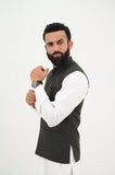 AlifYay White Kurta Shalwar & Charcoal Black Waistcoat - AY-037 - Blended - 3 Piece