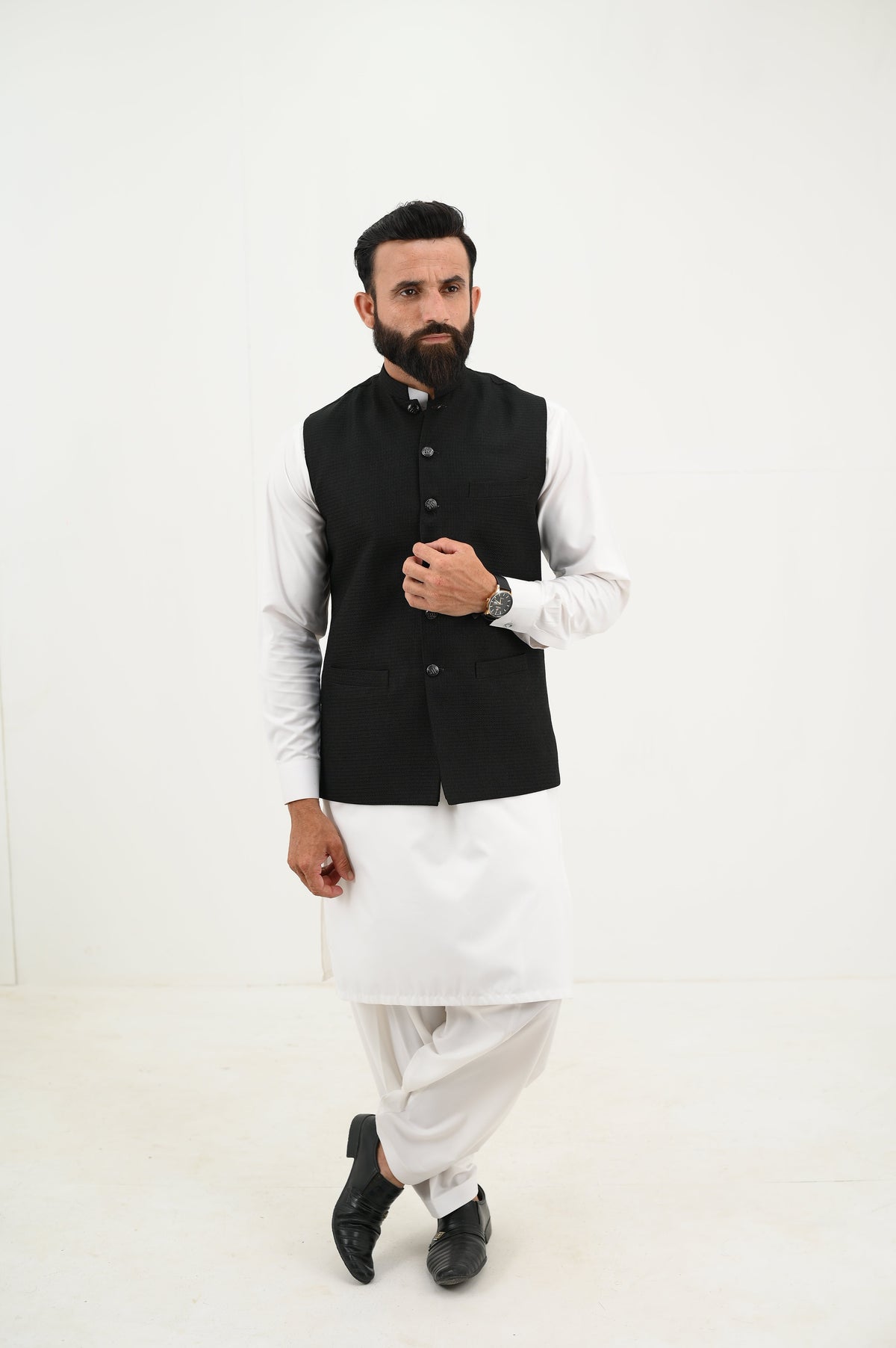 AlifYay White Kurta Shalwar & Woolen Black Waistcoat - AY-047 - Woolen - 3 Piece