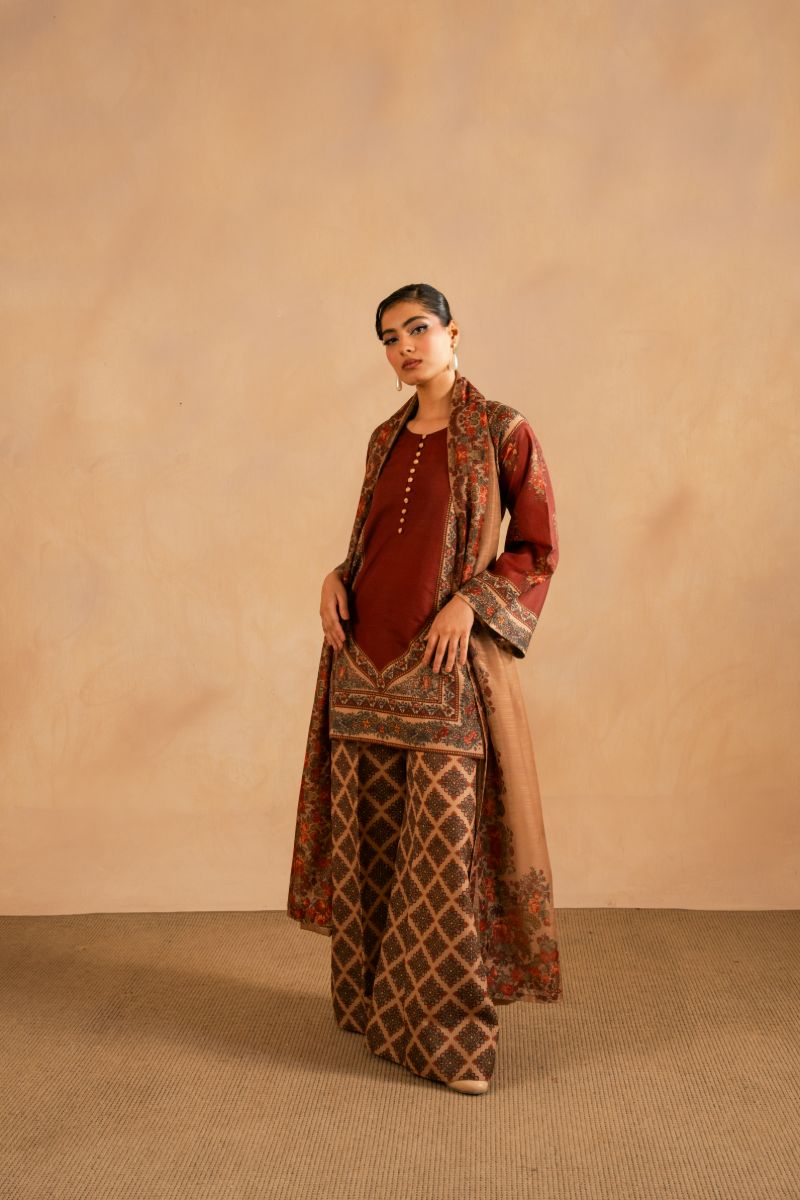 Maria Osama Khan - Berra - Maroon - Lawn & monark silk - 3 Piece
