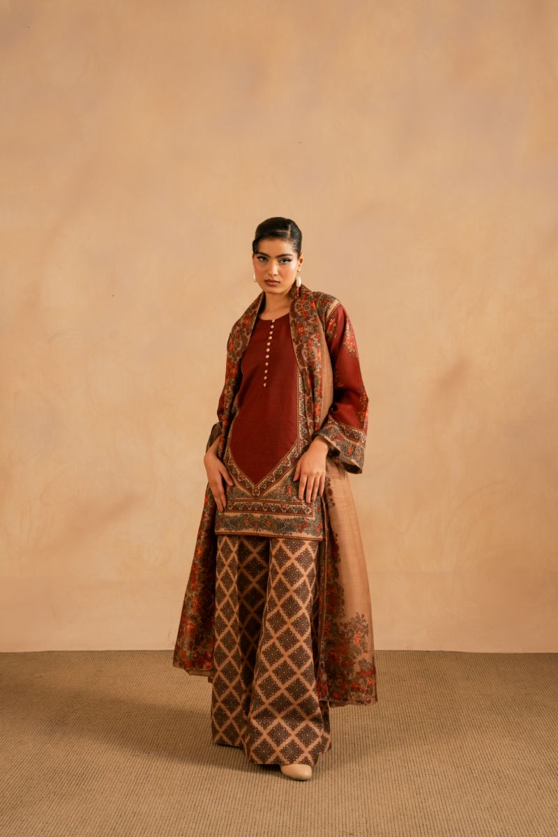 Maria Osama Khan - Berra - Maroon - Lawn & monark silk - 3 Piece