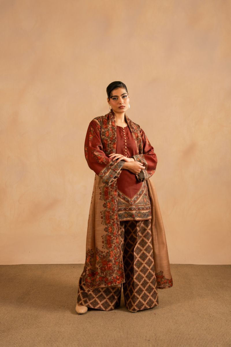 Maria Osama Khan - Berra - Maroon - Lawn & monark silk - 3 Piece