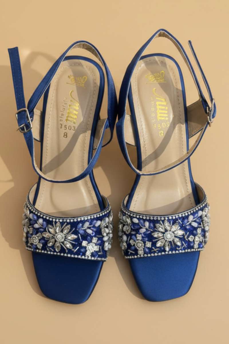Milli Shoes - Hand Embroidered Block Heels Sandals For Women - Blue