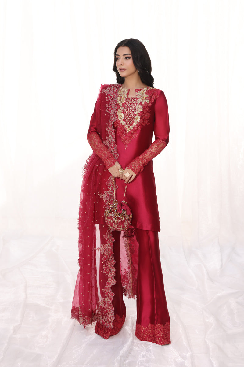 Musferah Saad - Carmina - Cherry Red - Tissue Silk & Organza - 3 Piece