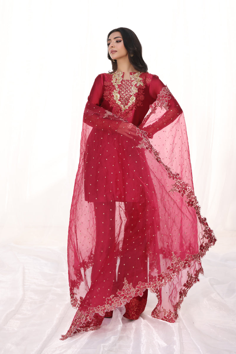Musferah Saad - Carmina - Cherry Red - Tissue Silk & Organza - 3 Piece