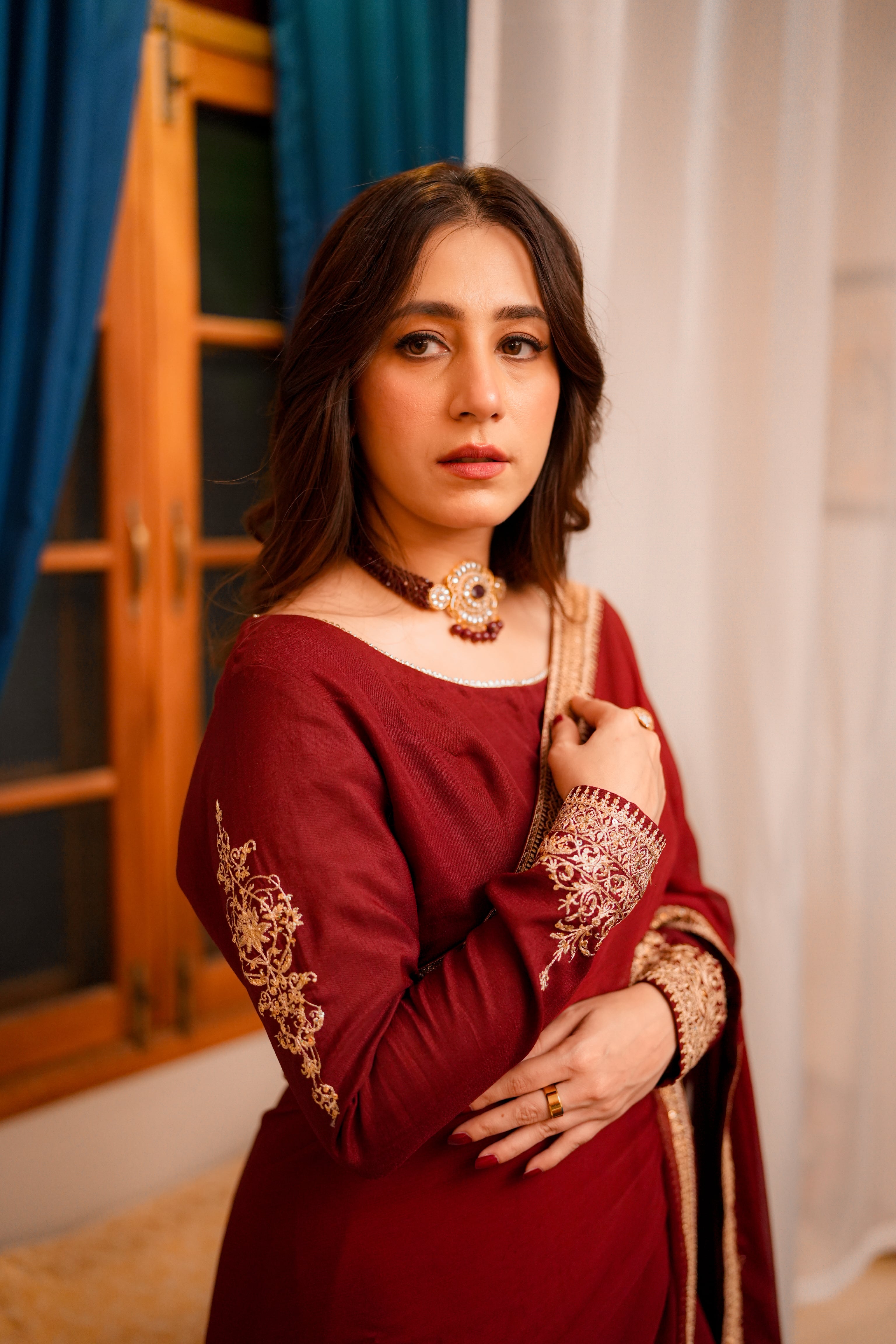 Omal by Komal - RAQEEB - Chiffon & Raw Silk - Maroon