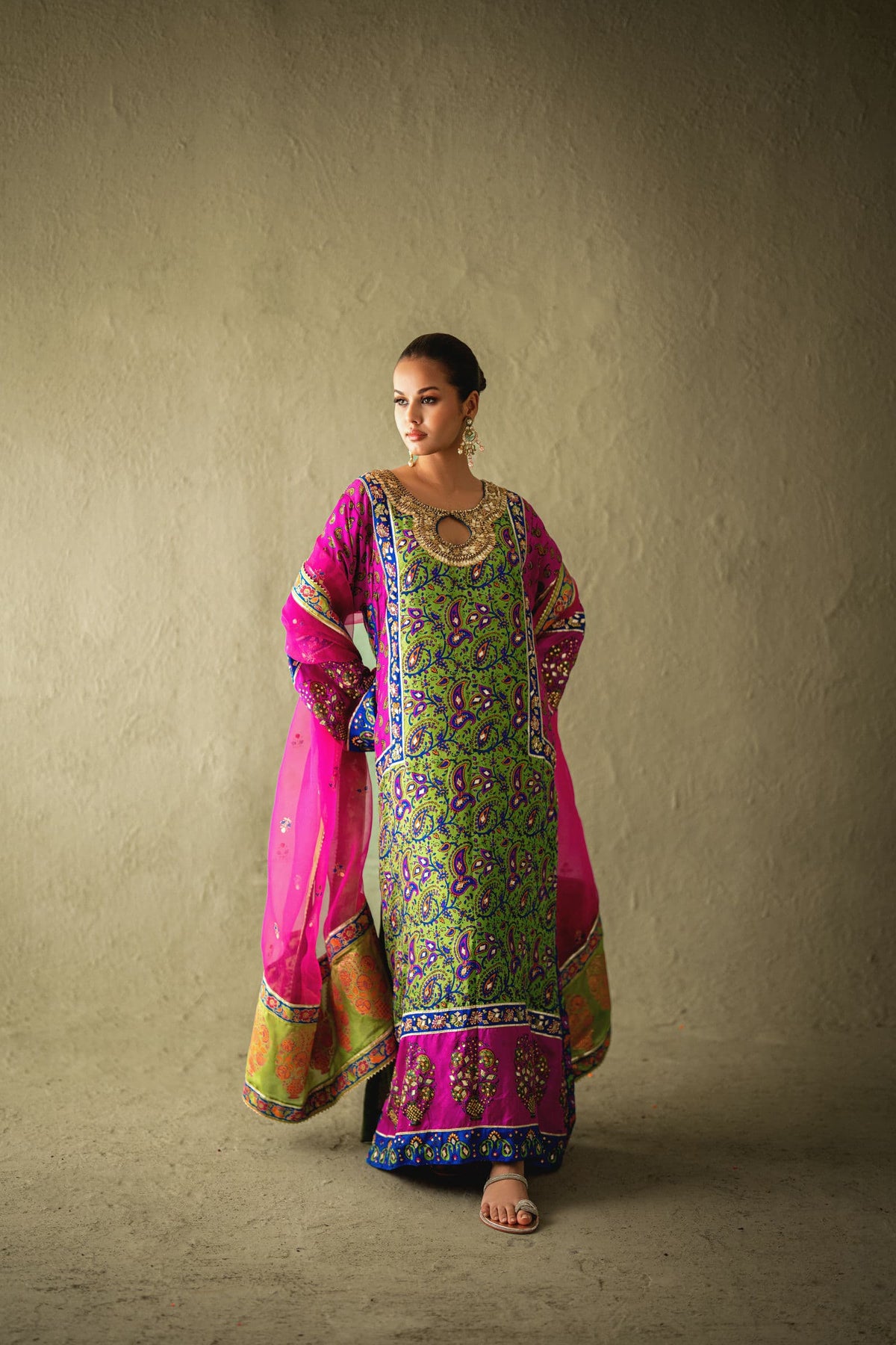 Shehrnaz - Naysa Dhani-Pink Silk Kaftan Set - SHK-1578 - Dhaani Green - Pure Medium Silk - 3 Piece