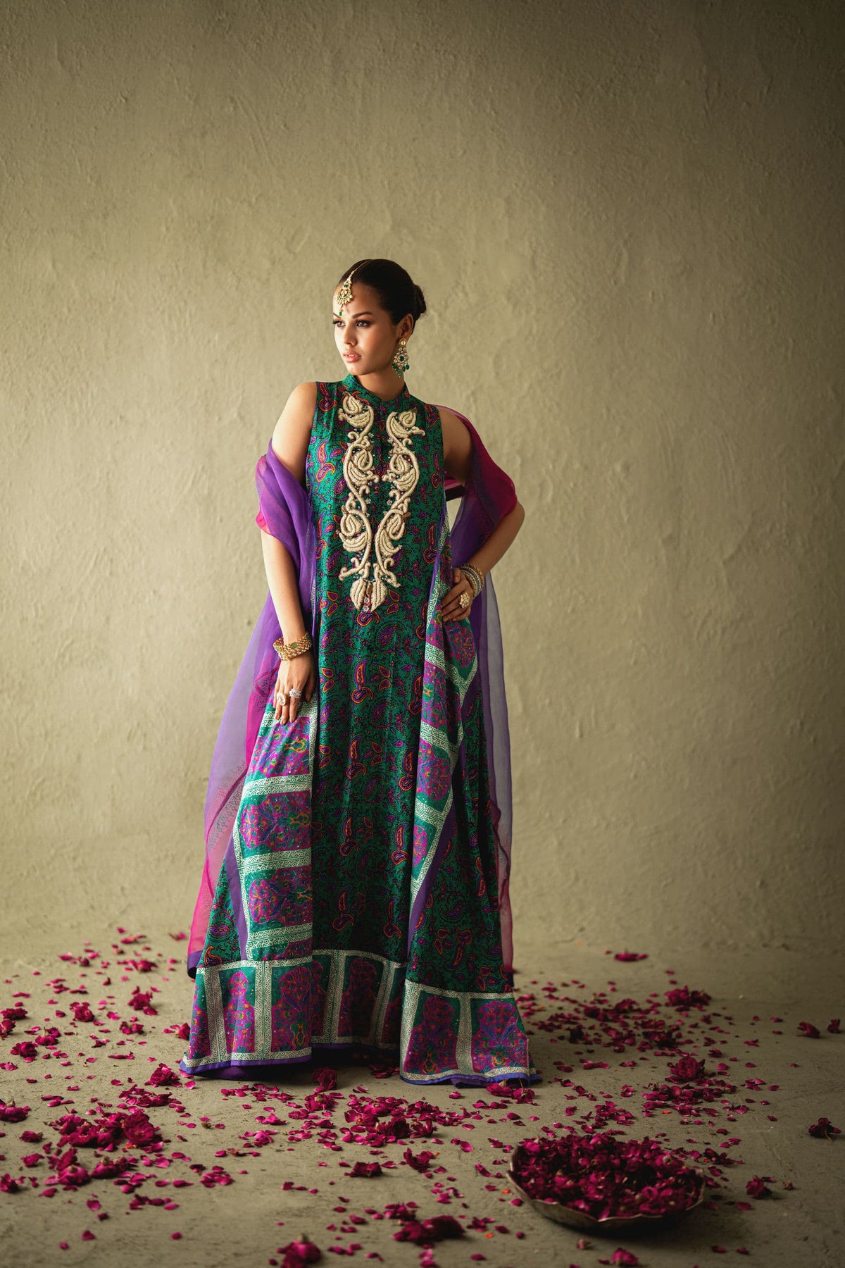 Shehrnaz - Seren Emerald-Purple Silk Kaftan - SHK-1582 - Emerald Green - Pure Medium Silk - 3 Piece