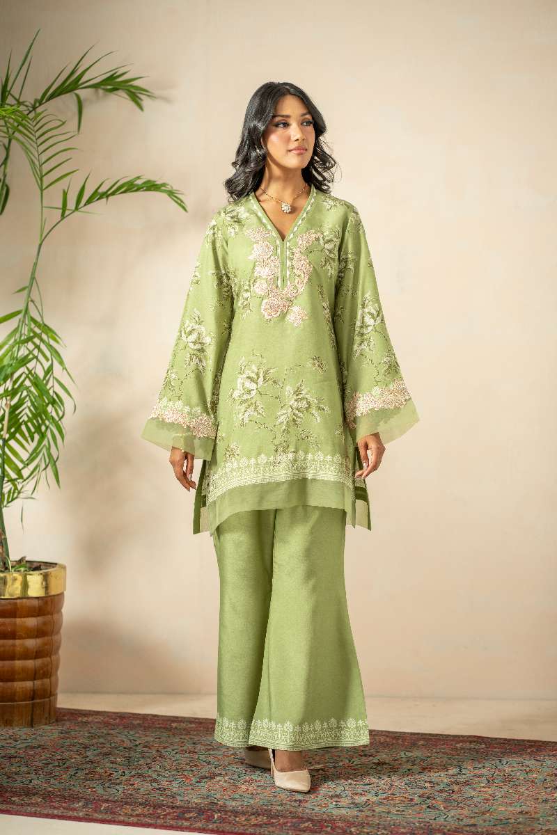 Shamaeel - Olive Bloom Khaadi Silk Suit For Women - Green & Ivory - 3 Piece