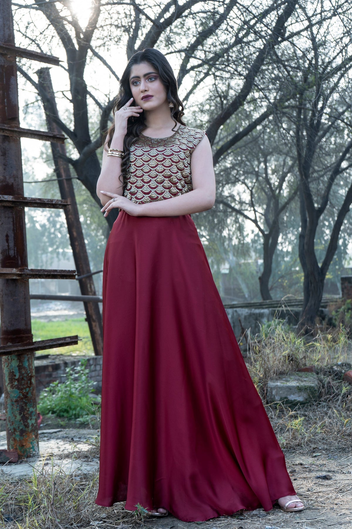 Syah - Umbrella Gown - Maroon - Silk - 1 Piece