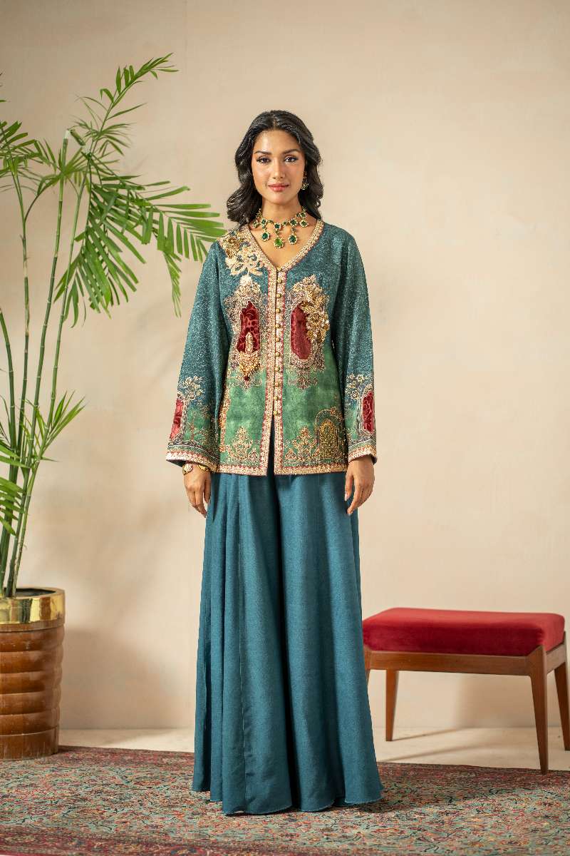 Shamaeel - Emerald Mist Viscose Silk Suit For Women - Emerald Green & Teal  - 2 Piece