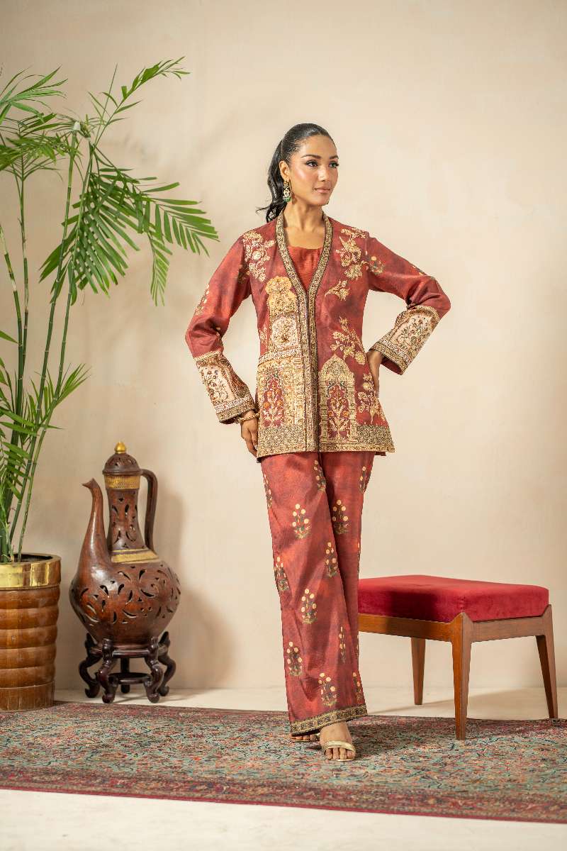 Shamaeel - Rustic Dream Viscose Silk Suit For Women - Crimson Red & Antique Gold - 3 Piece