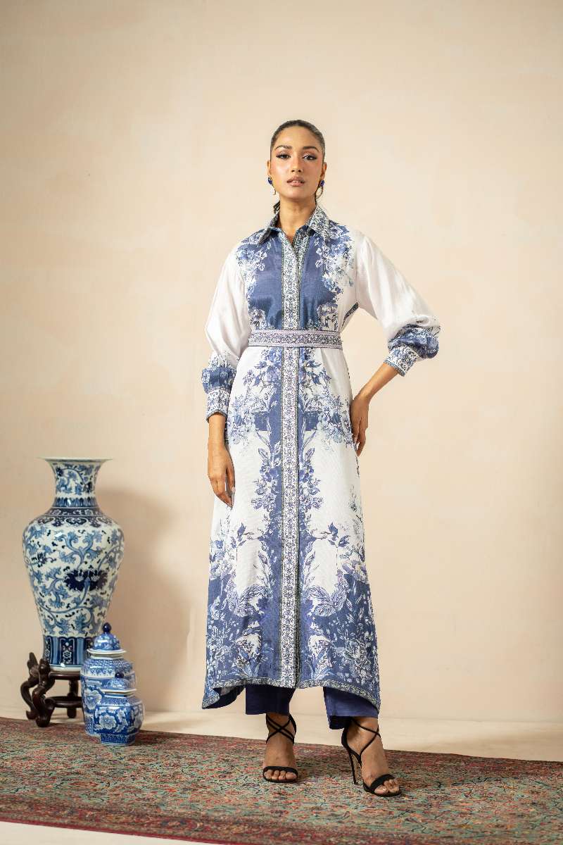 Shamaeel - Sapphire Breeze Viscose Silk Suit For Women - Blue & White - 2 Piece