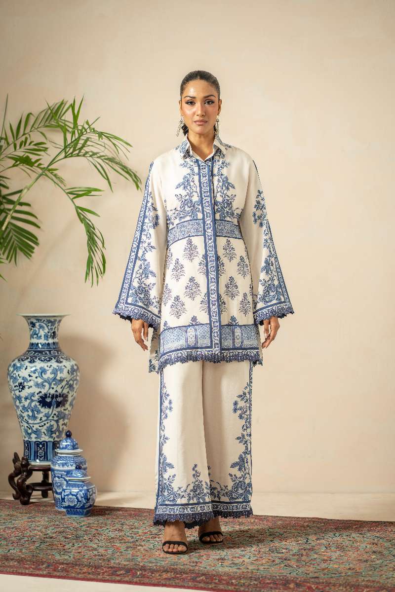 Shamaeel - Blue Opal Khaadi Silk Suit For Women - Blue & White - 2 Piece