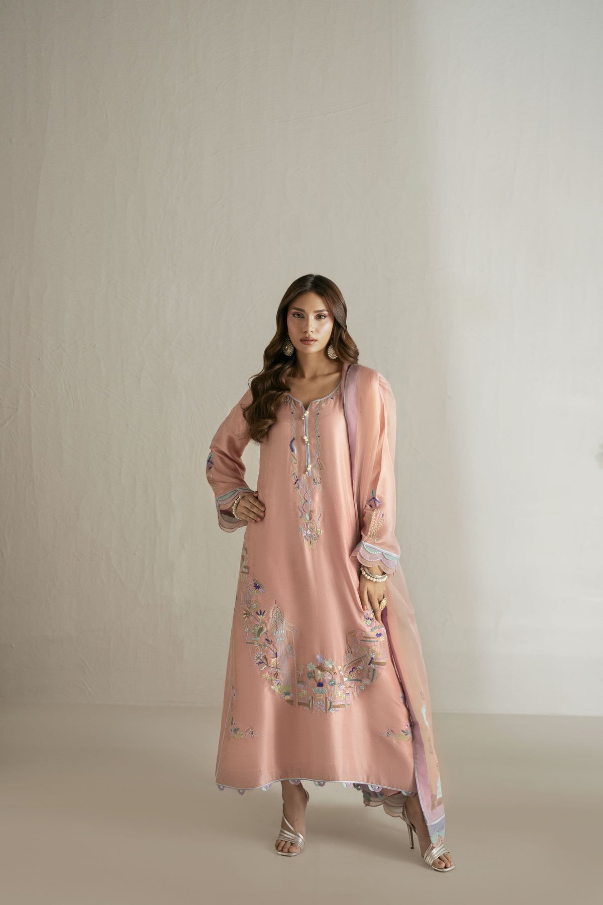Shehrnaz - Pure Raw Silk Tea Rose Lace Suit For Women - Tea Pink