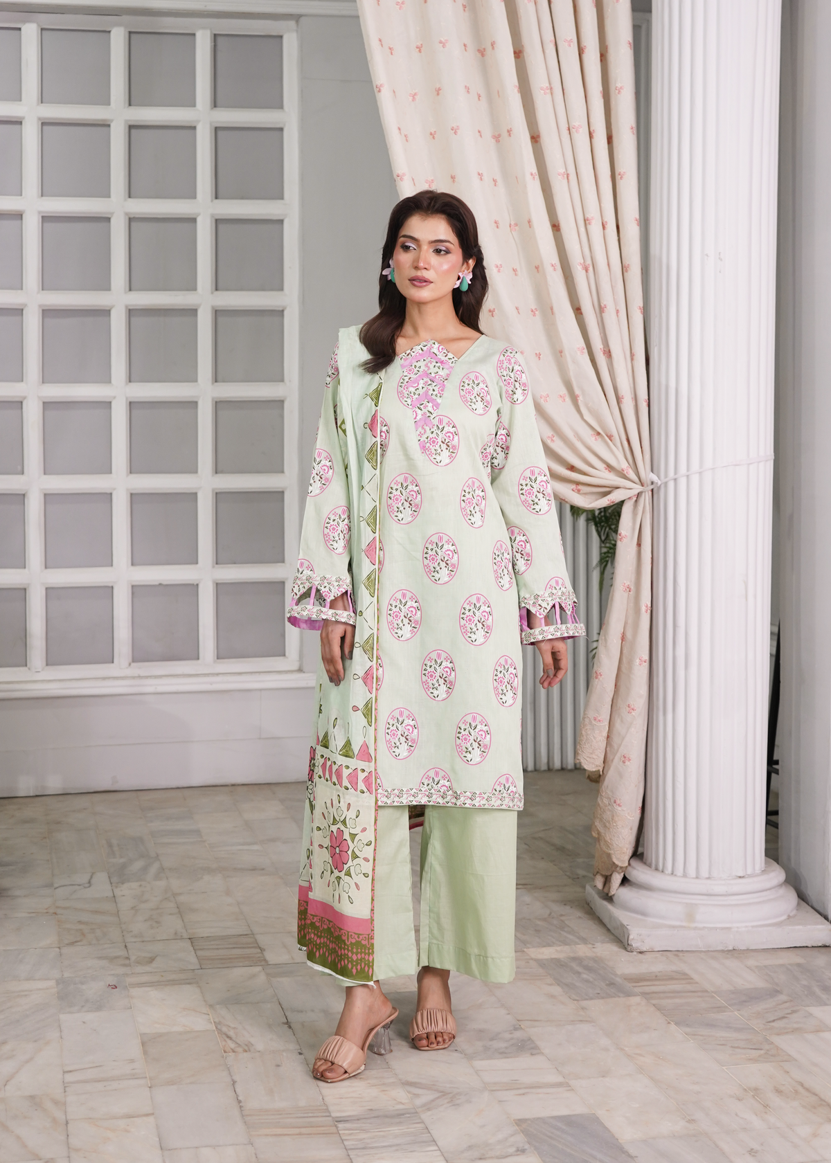 Aroshlay - Emerald Bloom Printed Lawn Suit For Women - Tea Green - 3 Piece