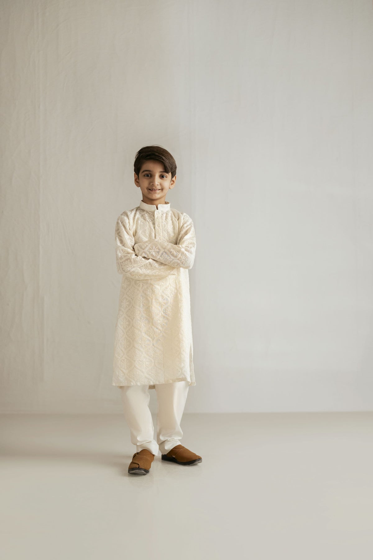 Shehrnaz - Cotton Net / Cotton Off-White Embroidered Net Kurta Set For Boy - Off-White