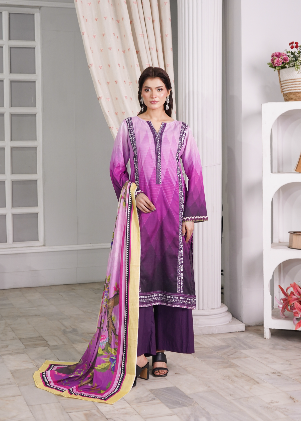 Aroshlay - Floral Symphony Printed Lawn Suit For Women - Orchid - 3 Piece