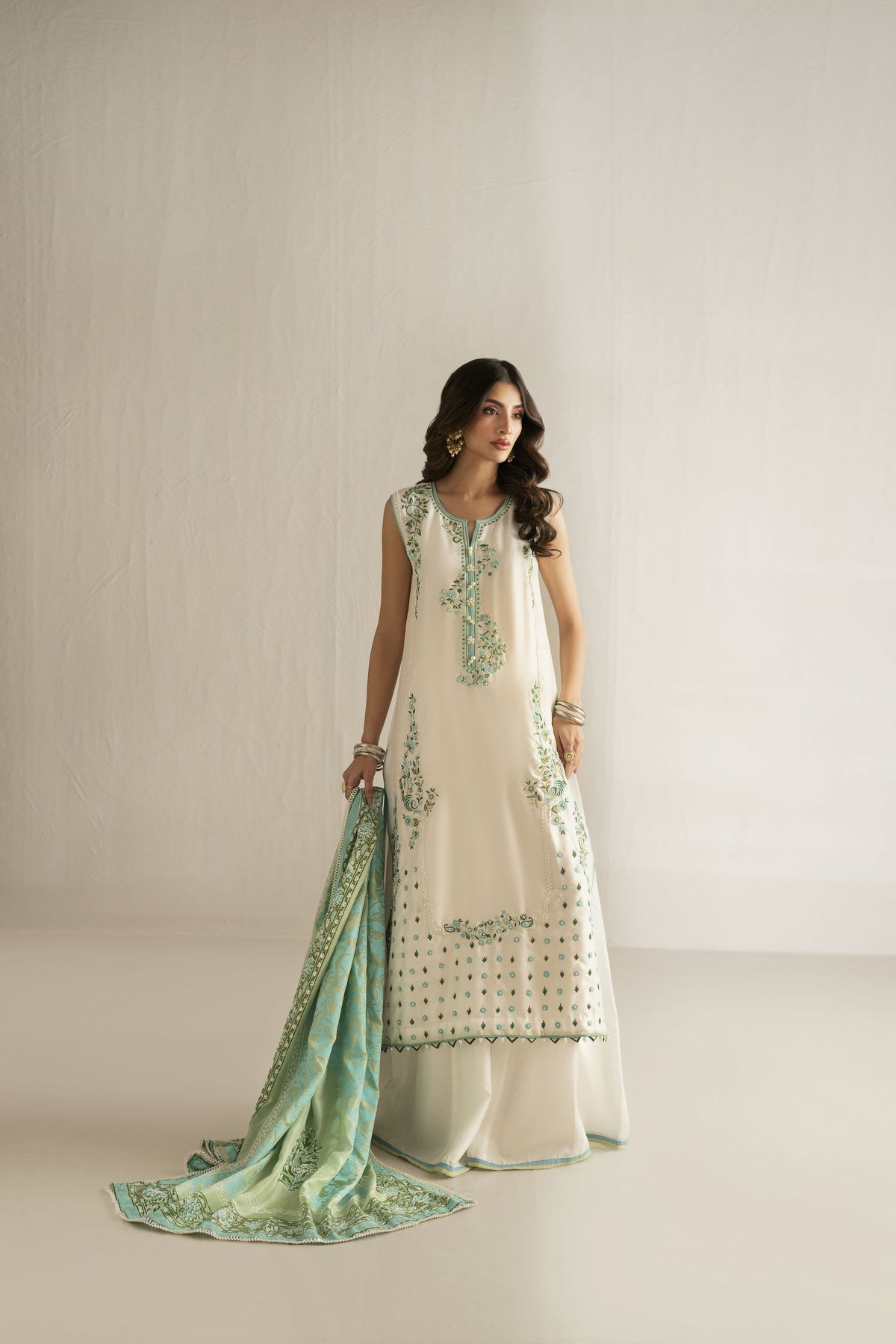 Shehrnaz - Pure Raw Silk Ivory Sage Breeze Suit For Women - White