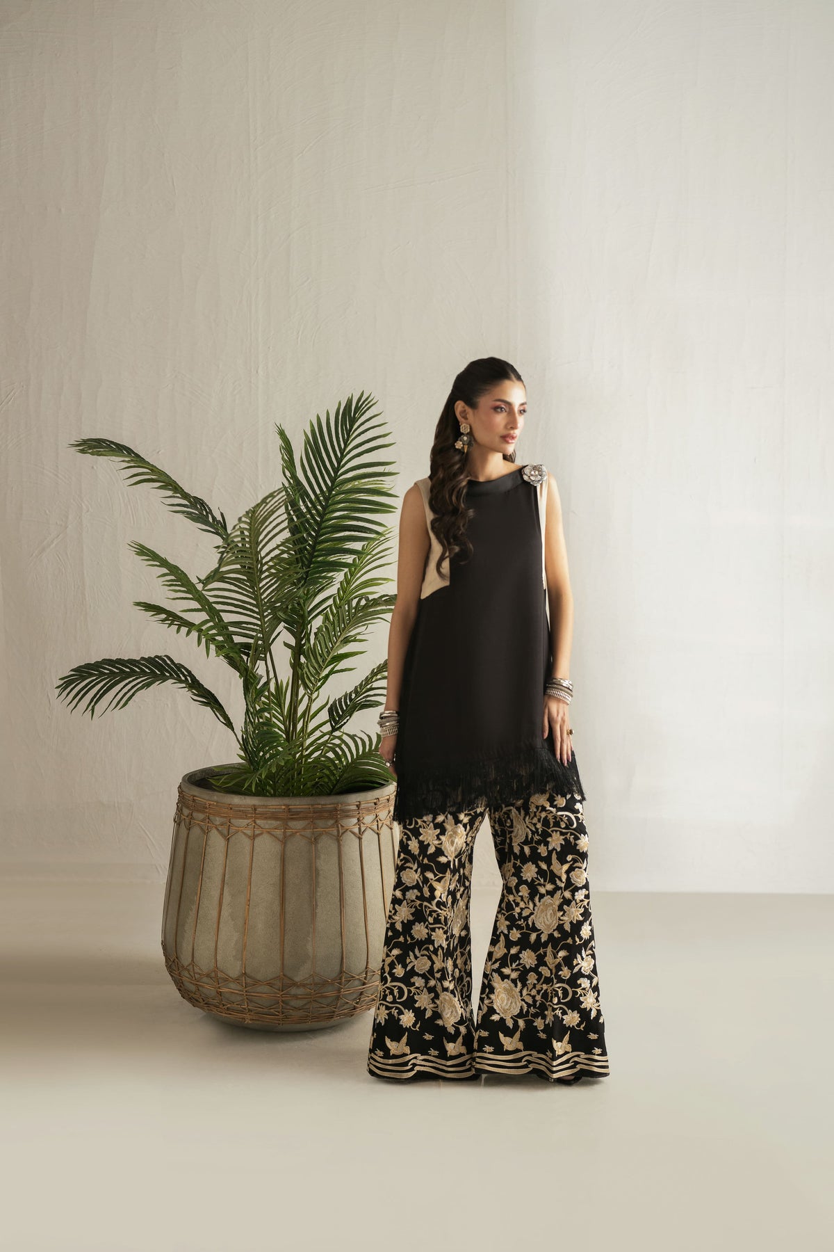 Shehrnaz - Georgette Viscose Midnight Botanica Co-Ord For Women - Black