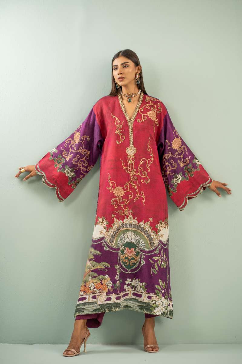 Shamaeel - Crimson Luxe Viscose Silk Suit For Women - Pink & Purple - 2 Piece