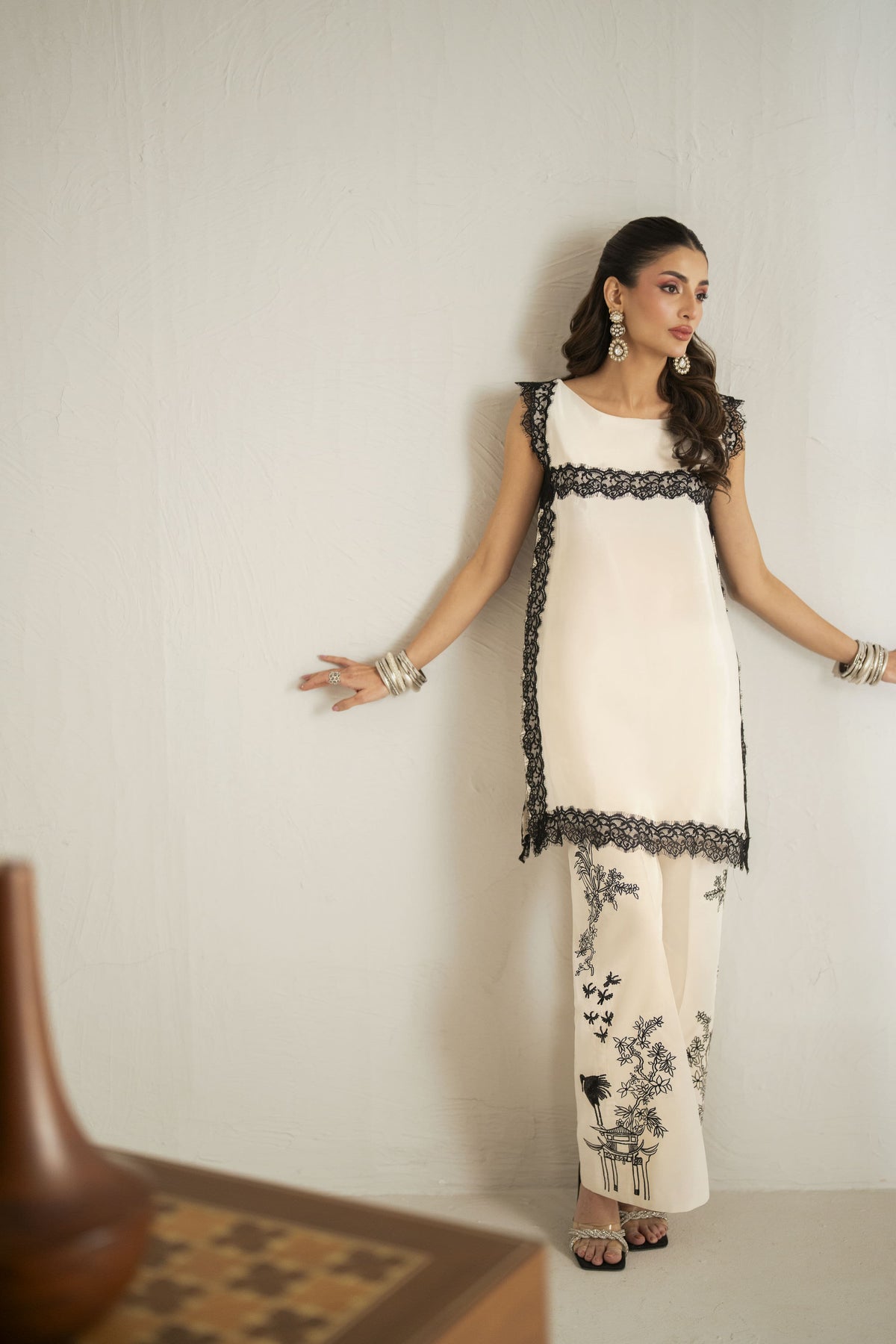 Shehrnaz - Russain Silk Ivory Inkline Co-Ord Set For Women - Off-White