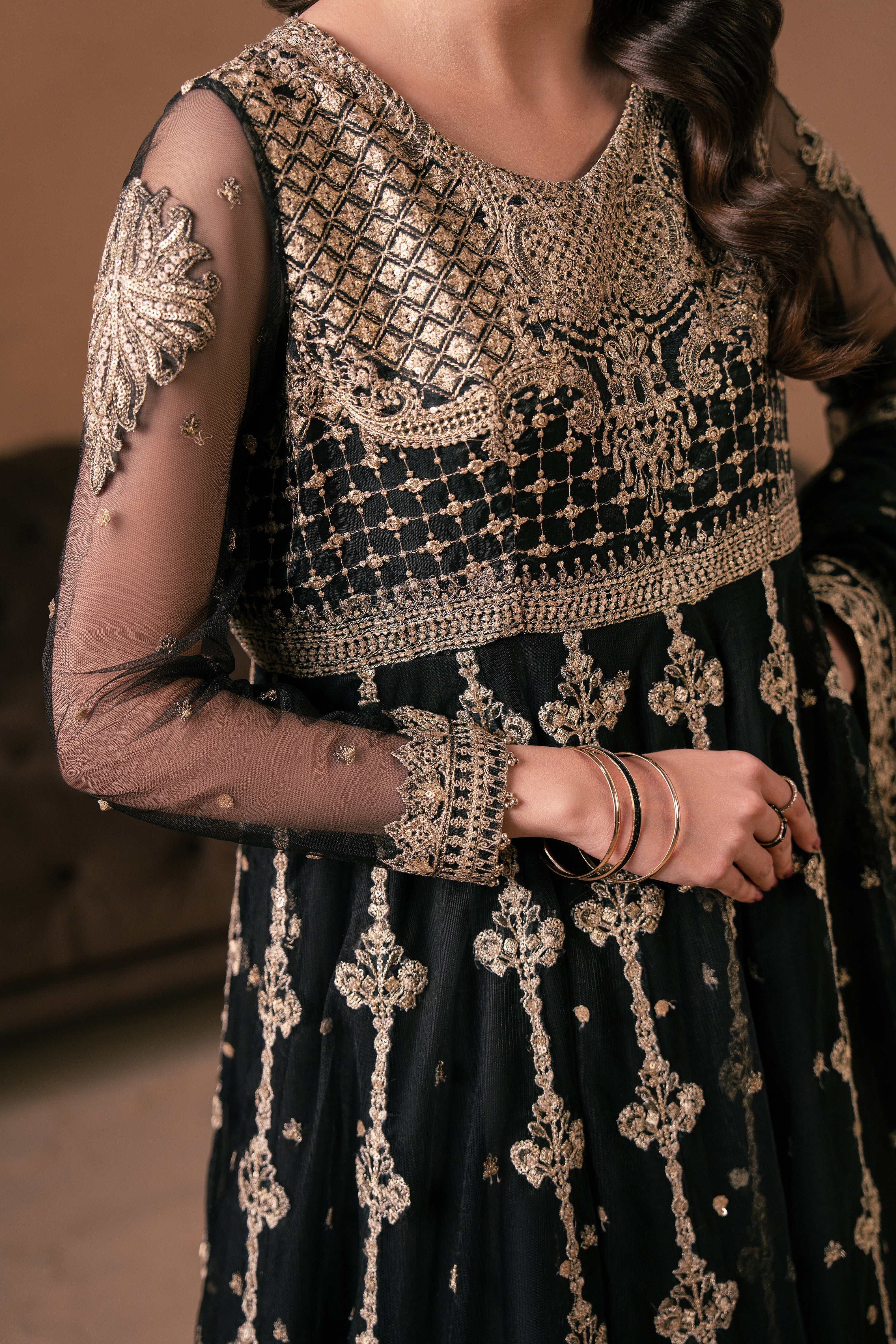Malook - Reya - black - Net & Organza - 3 Piece