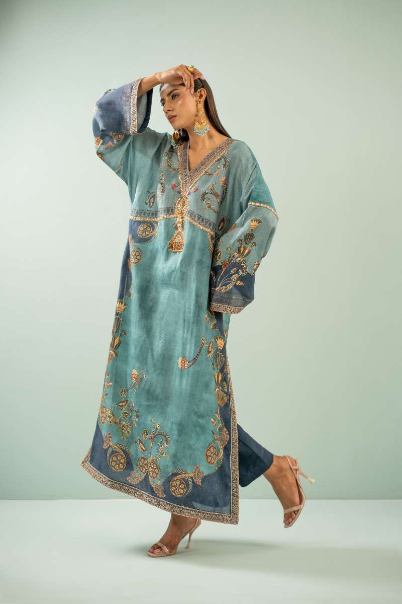 Shamaeel - Teal Heritage  Viscose Silk Suit For Women - Blue - 2 Piece