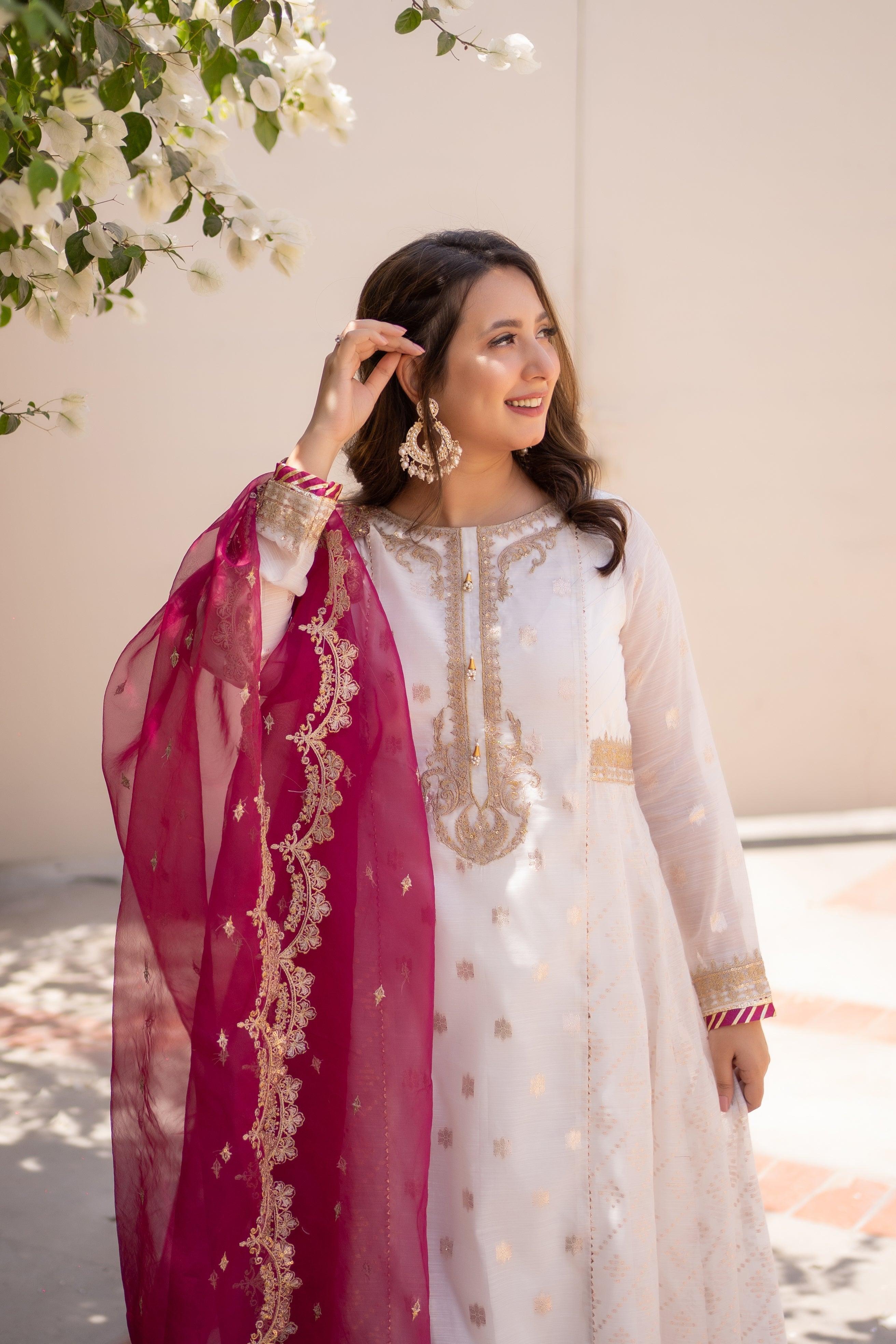 Omal by Komal - CHANDNI (Frock & Dupatta) - White - Banarsi Paper Cotton & Organza - 2 Piece
