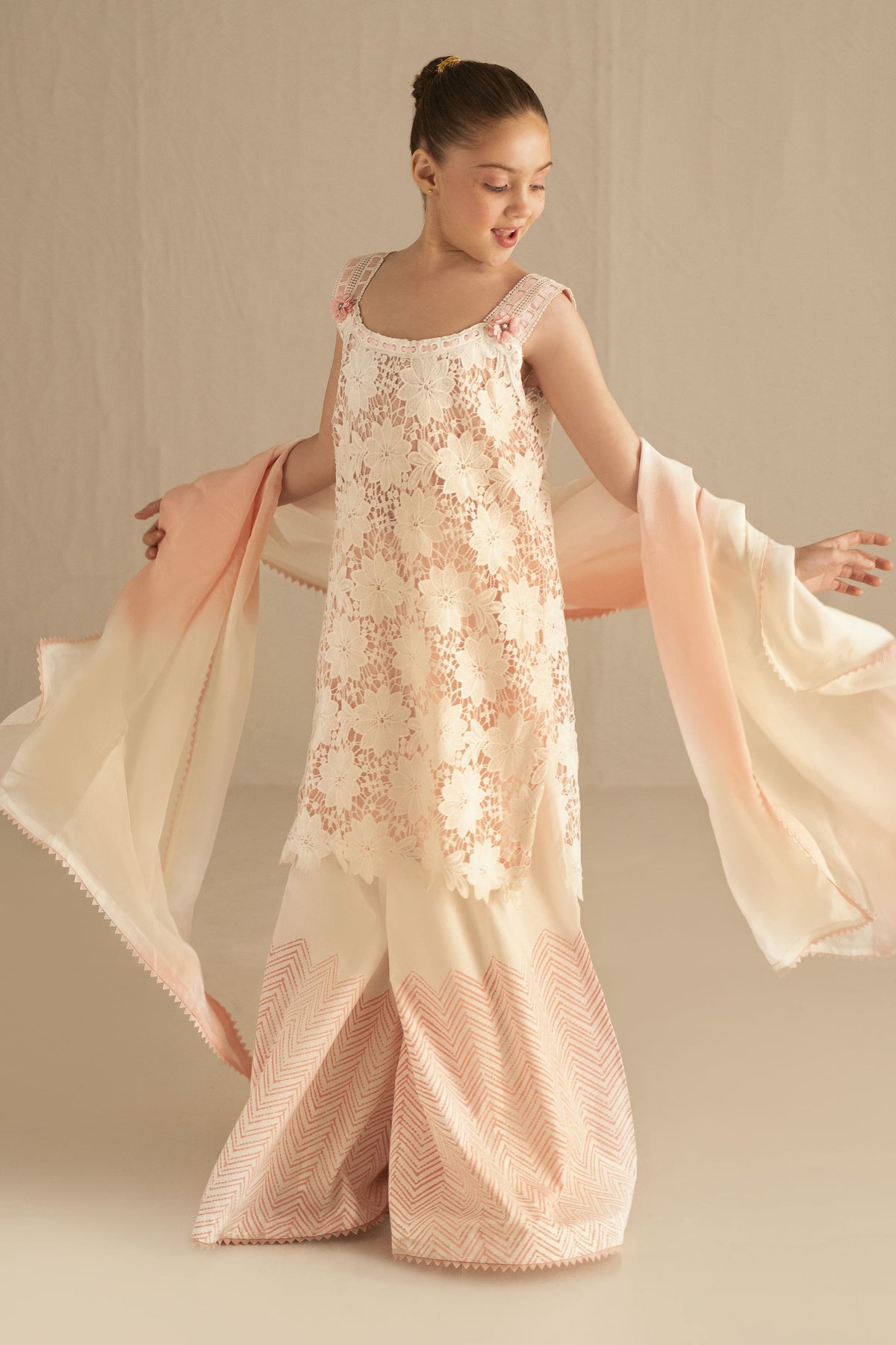 Shehrnaz - Chikan / Cotton Ivory Stripe & Blossom Set For Girl - White