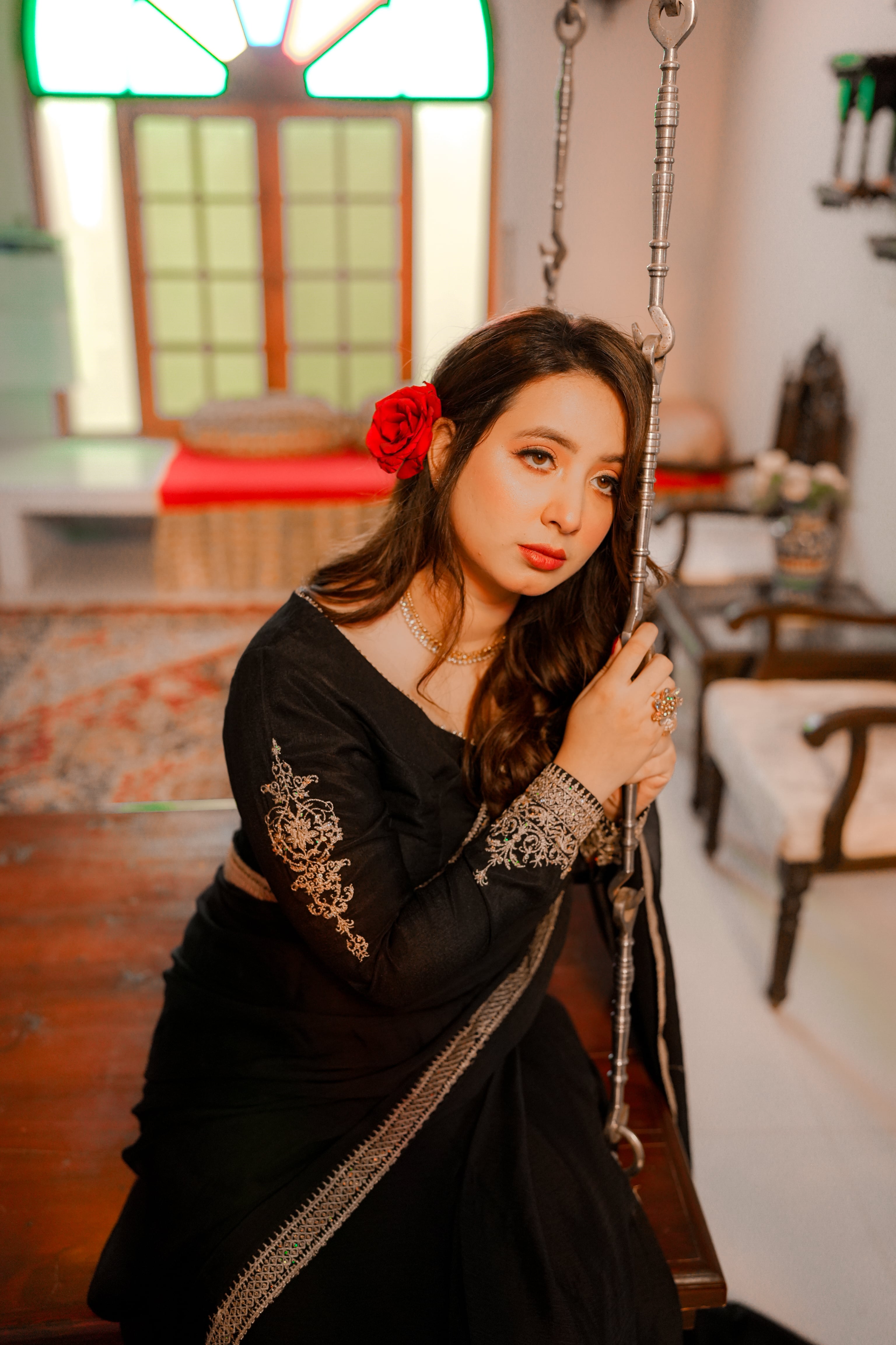 Omal by Komal - SAAYA - Chiffon & Raw Silk - Black