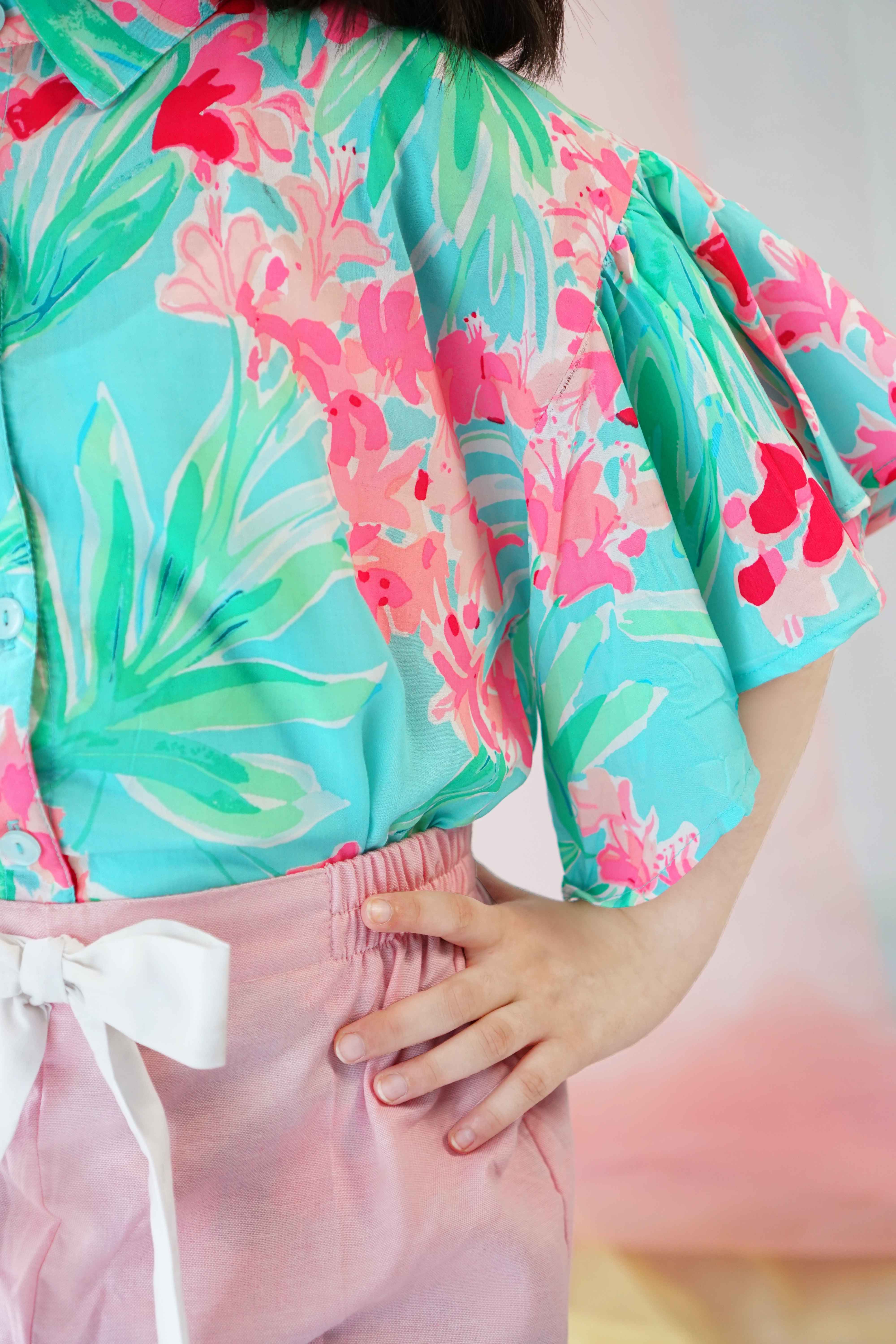 Hummingbirdspk - Hibiscus Rose Printed Shirt - cotton linen - 1 Piece