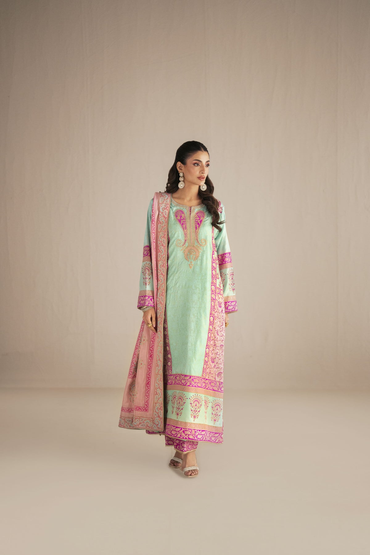 Shehrnaz - Pure Medium Silk Celadon Rose Gulbahar Suit For Women - Mint Green & Fuchsia