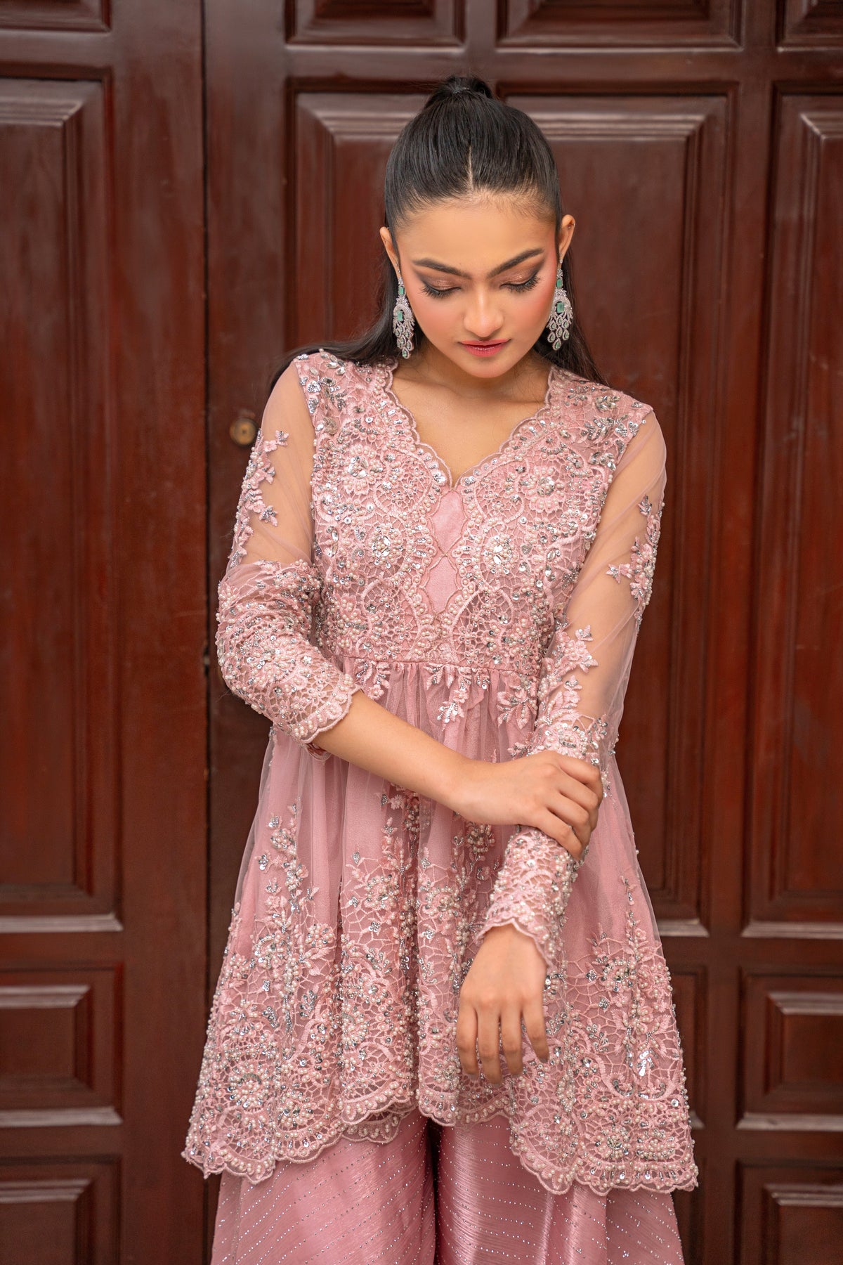 Alishba Kashif - Rose Muse Net Kurti Tunic Top For Women - Pink - 2 Piece