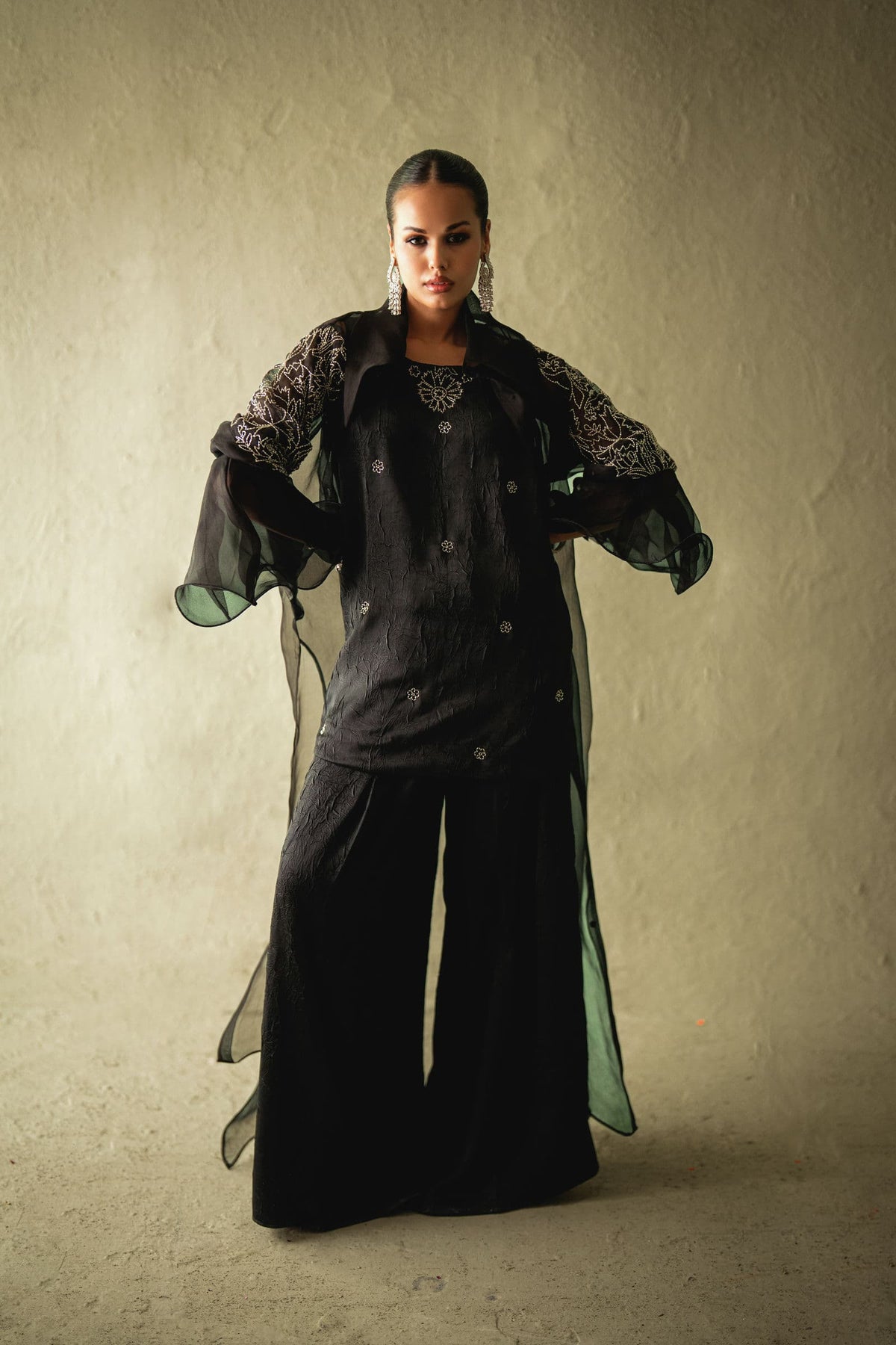 Shehrnaz - Tahlia Black Organza Pleated Coat - SHK-1592 - Black - Organza - 3 Piece