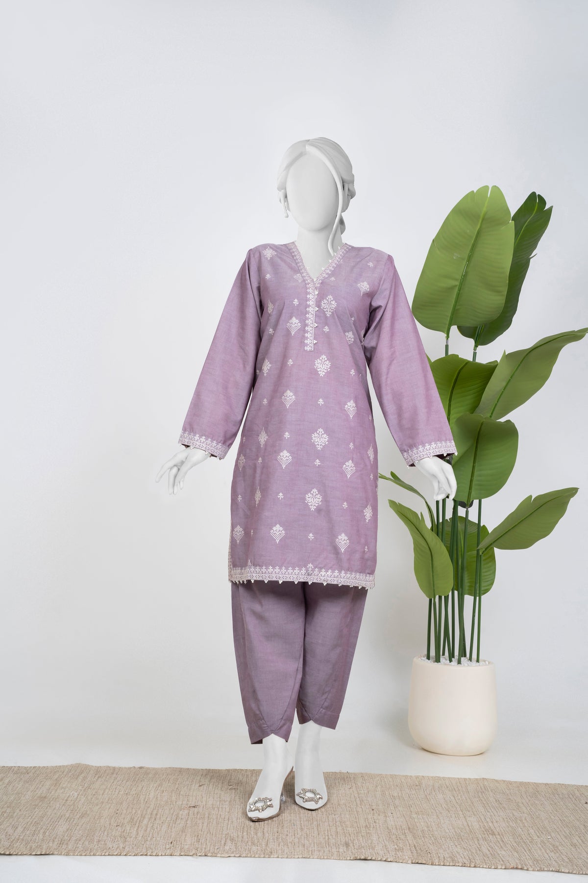 Ayla Studio - Chambray Embroidered Suit For Women - Liliac - 2 Piece