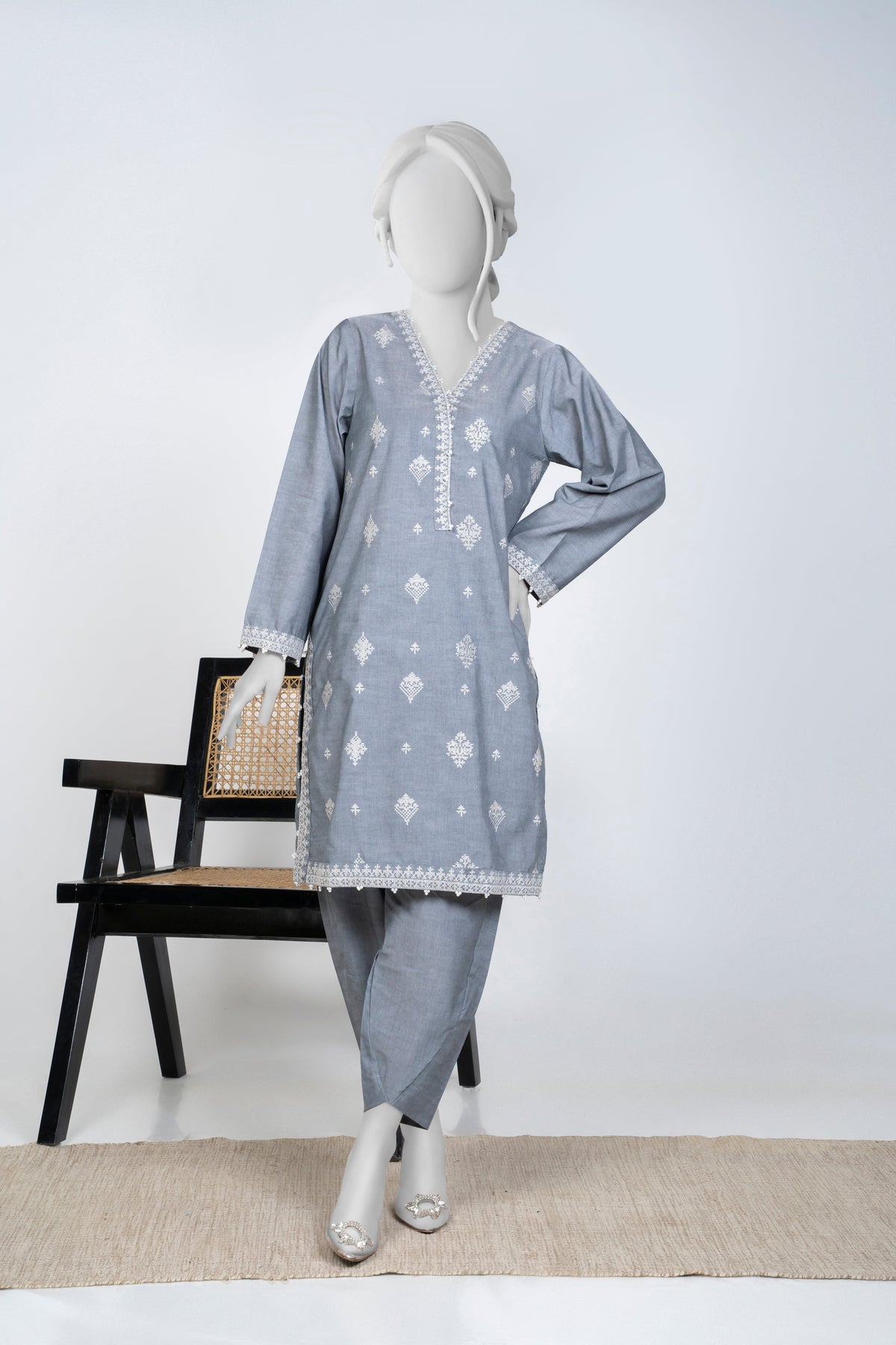 Ayla Studio - Chambray Embroidered Suit For Women - Charcoal - 2 Piece