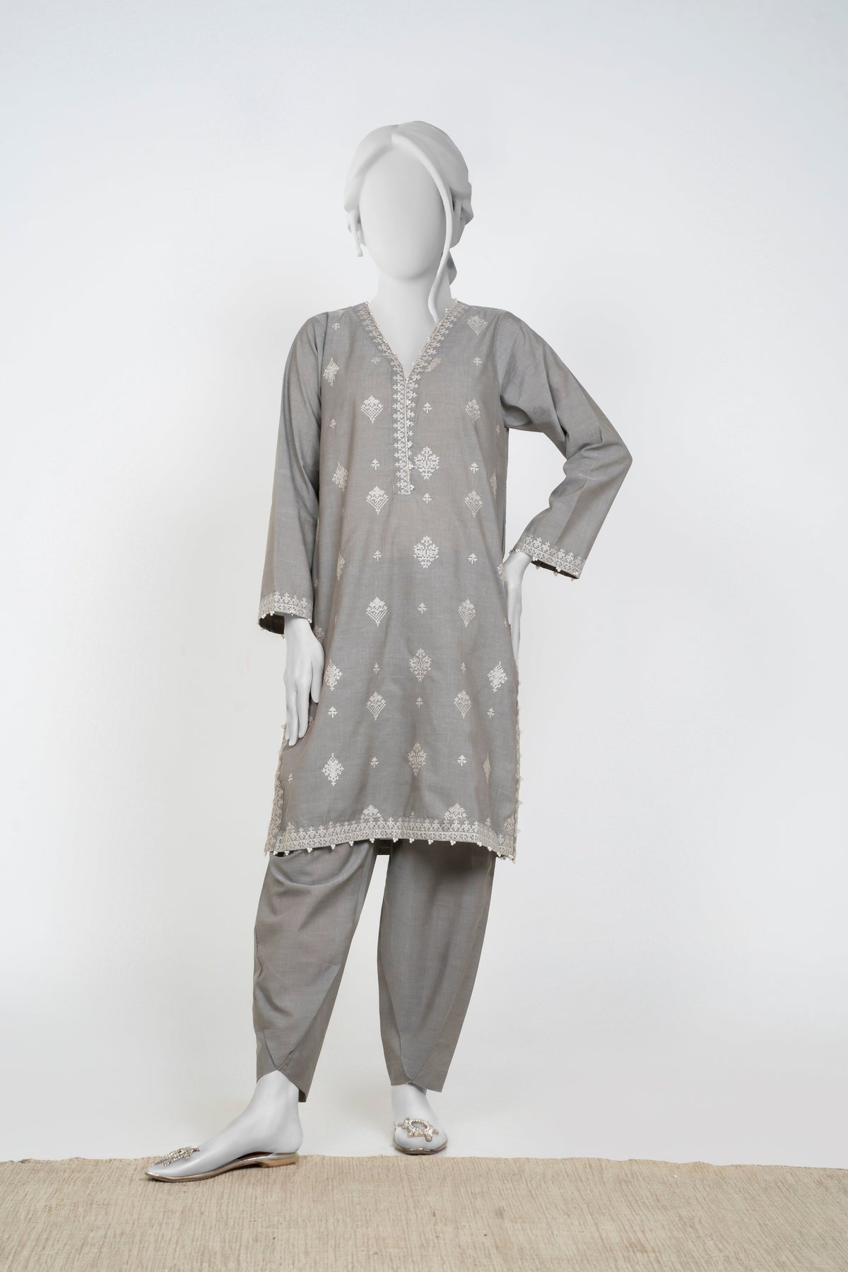 Ayla Studio - Chambray Embroidered Suit For Women - Silver Grey - 2 Piece