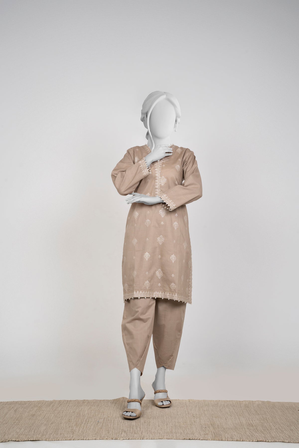 Ayla Studio - Chambray Embroidered Suit For Women - Mushroom Beige - 2 Piece