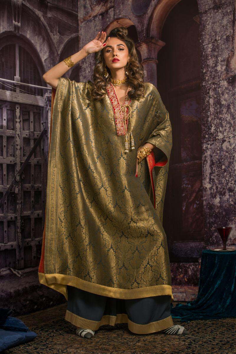Maheen Khan - MARRAKESH - Kaftan - Grey Gold - Pure Silk Brocade - 2 P Studio By TCS - PK Maheen Khan - MARRAKESH - Kaftan - Grey Gold - Pure Silk Brocade - 2 P Studio By TCS - PK