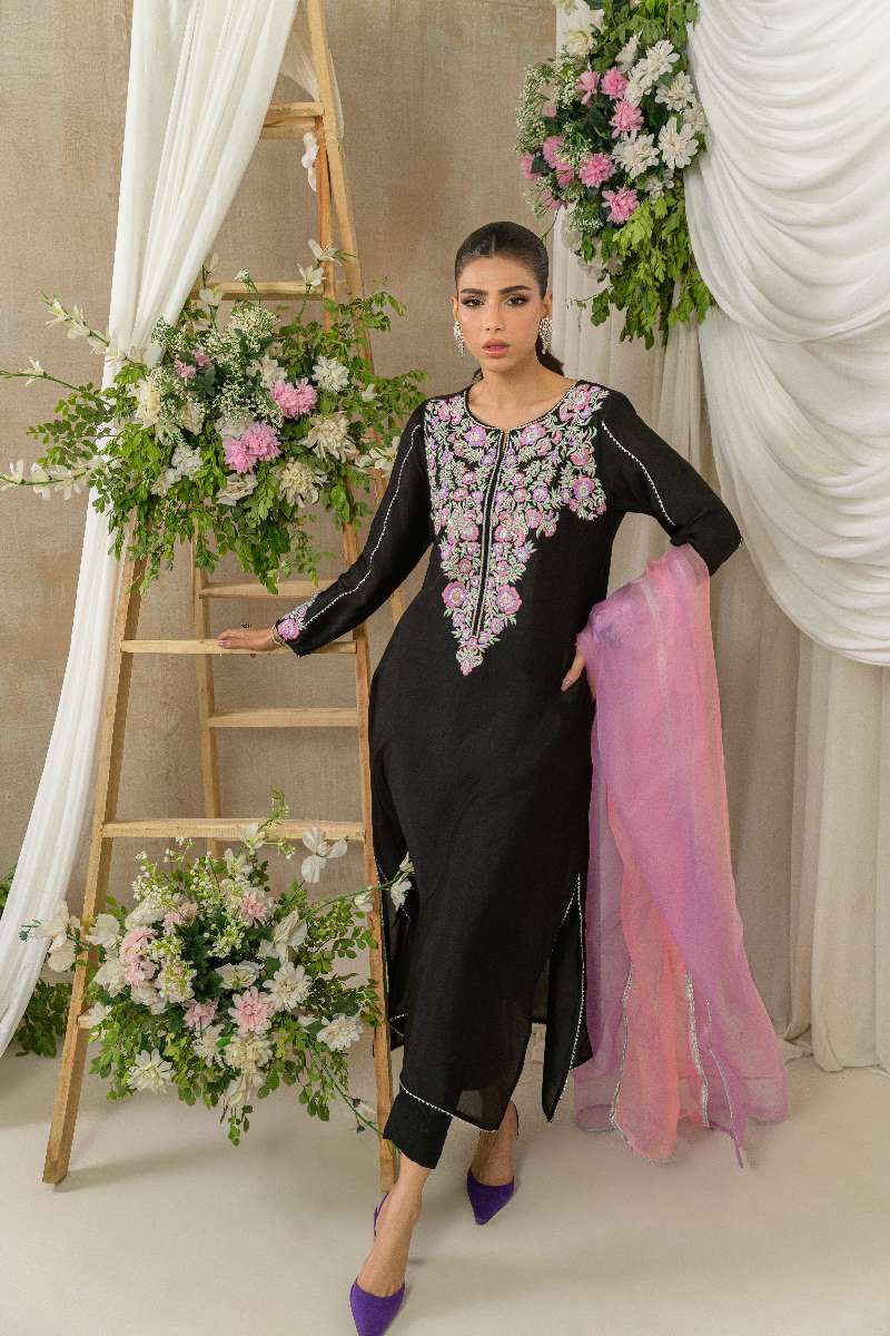 Alishba Kashif - Midnight Petals - Black - Tusser Silk - 3 Piece