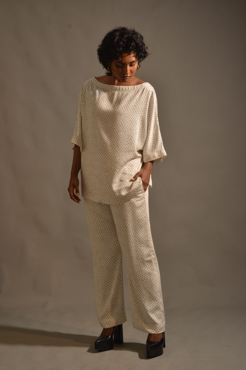 Gulabo - IVORY POLKA SET - Blended Matte Satin - Ivory/Black - 2 Piece