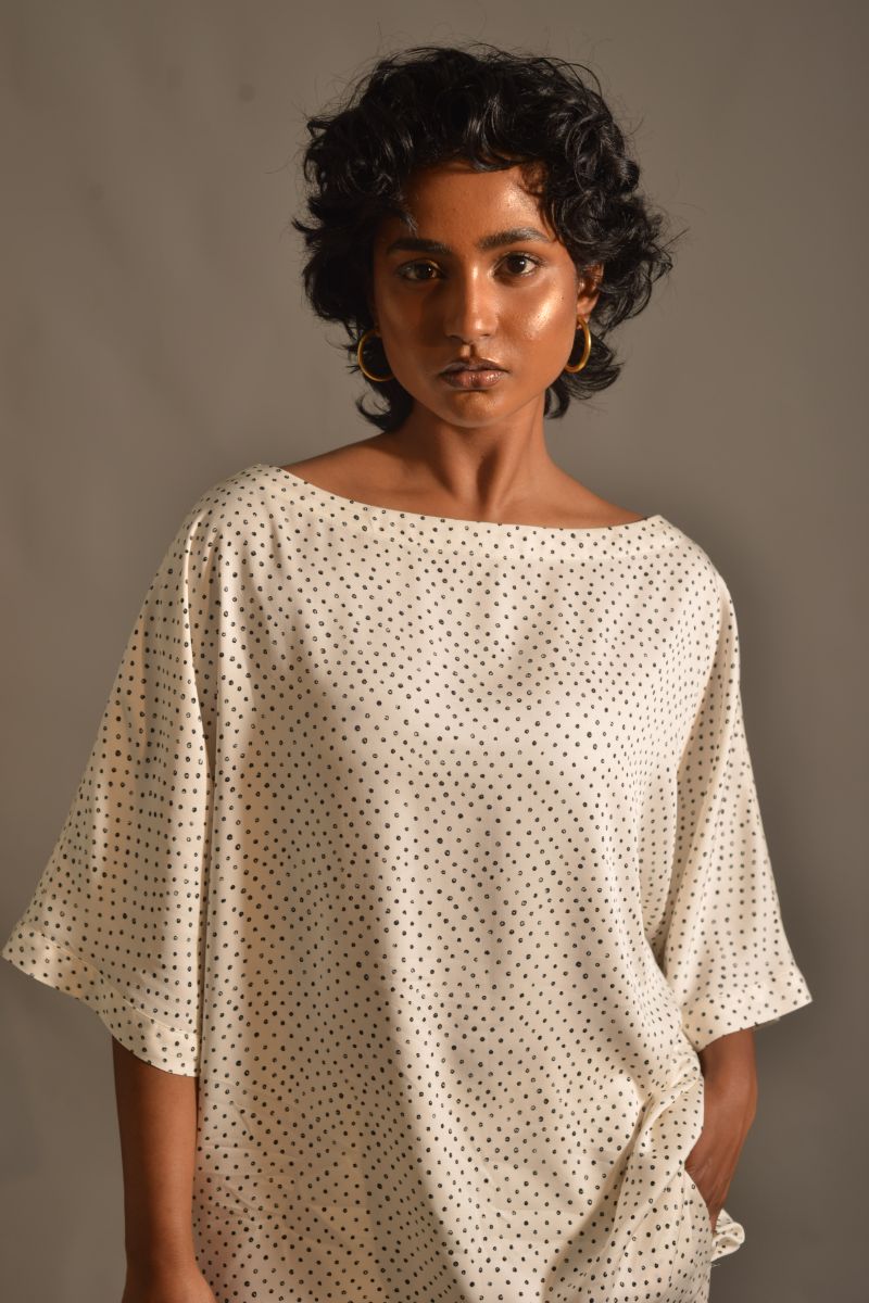 Gulabo - IVORY POLKA SET - Blended Matte Satin - Ivory/Black - 2 Piece