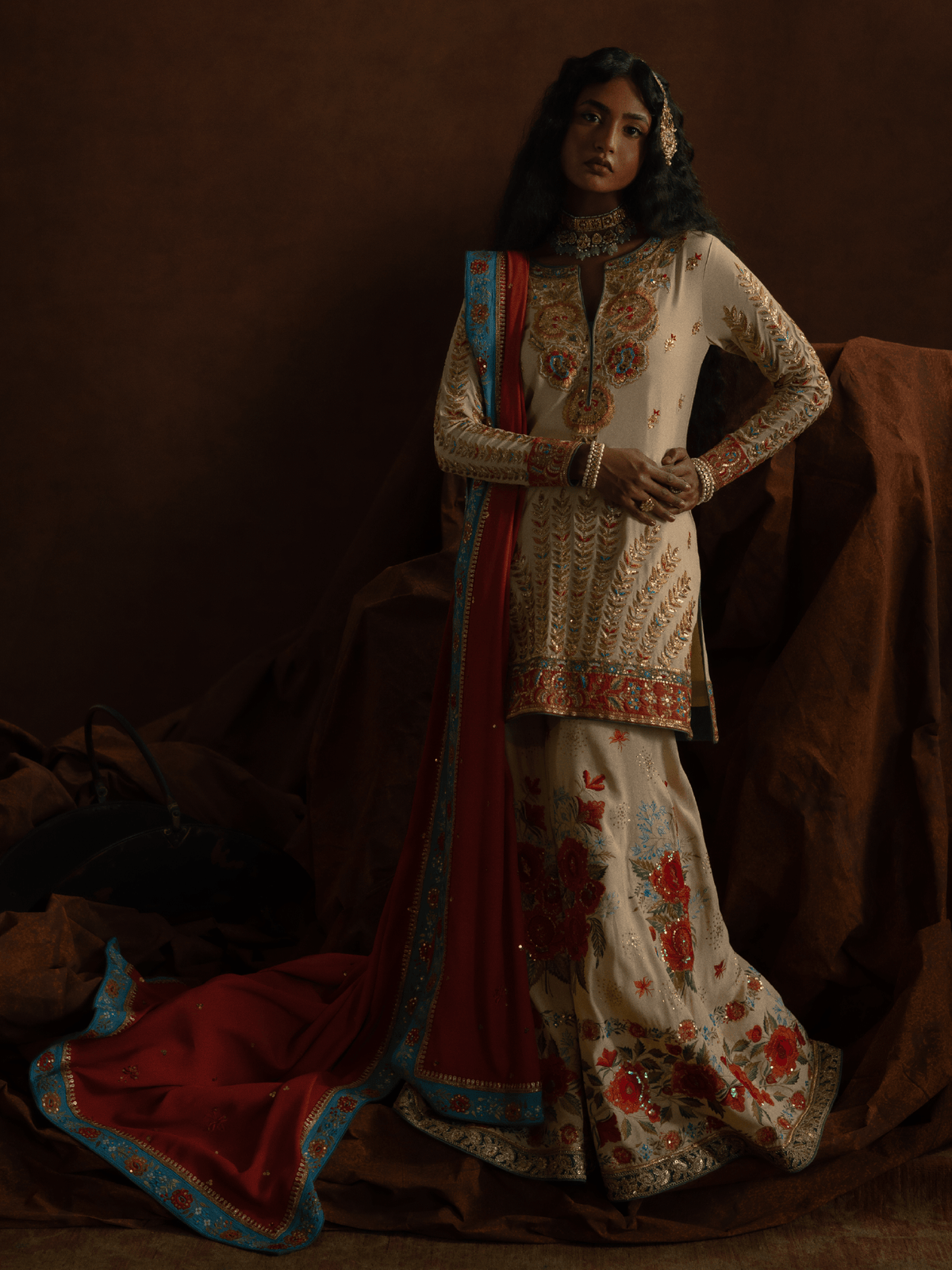 Sanam Chaudhri Roshanak Gharara Ivory / Cream 3 Piece