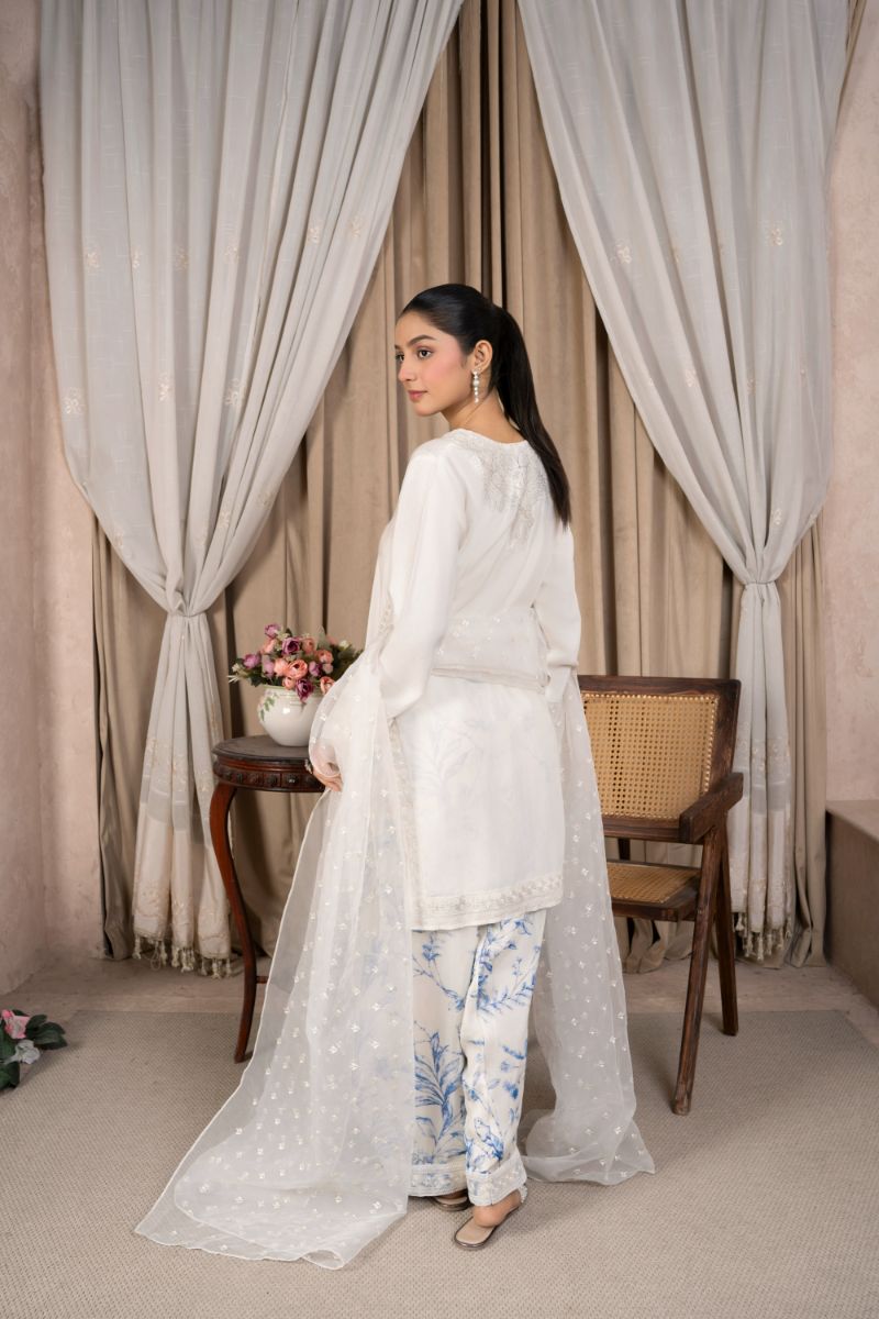 Reema Ahsan - Dira - Viscose & Organza - White & Blue - 3 Piece