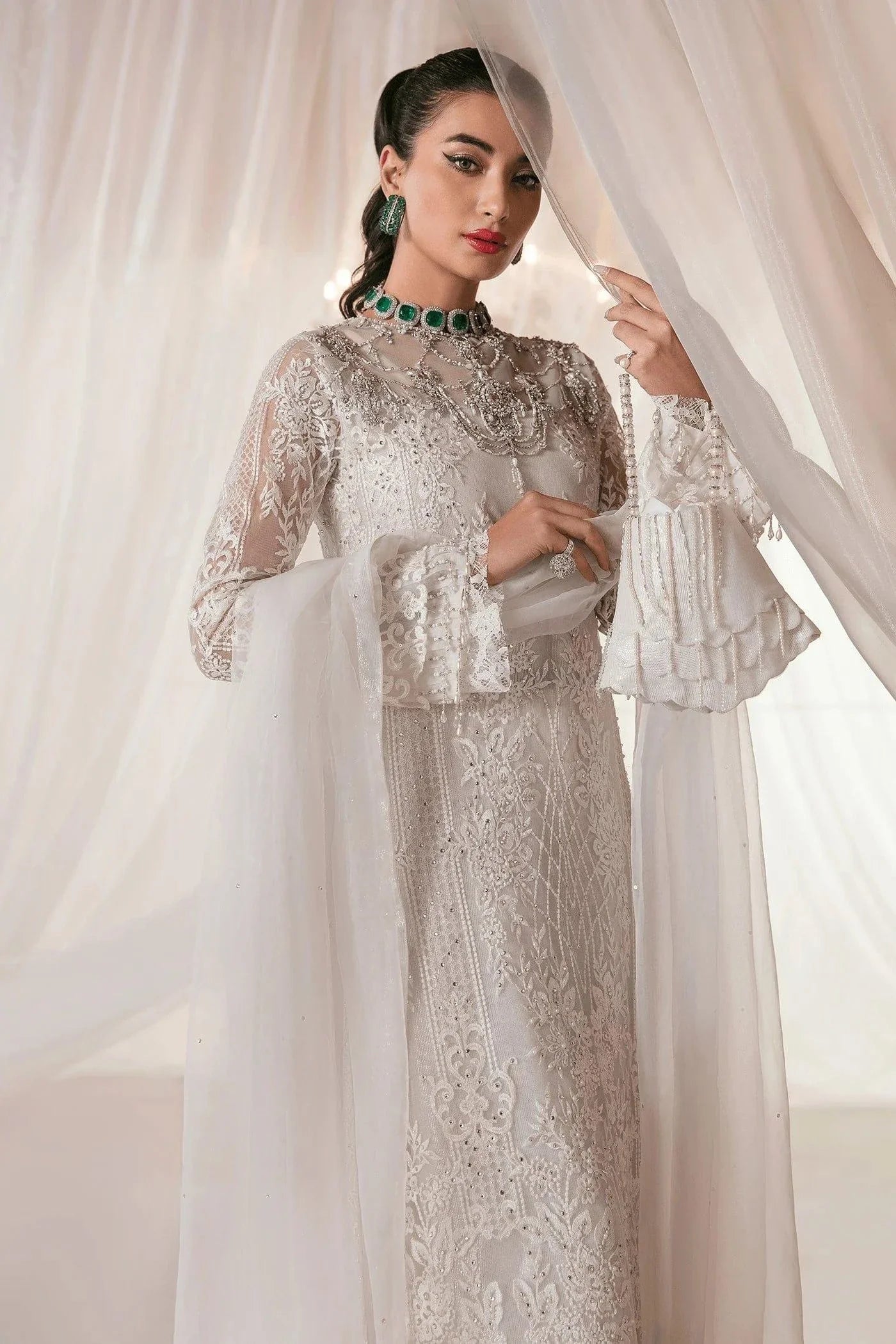 Nilofer Shahid - Pearl White Embroidered Net Shirt and Pure Lace Fabric Pants with Premium Organza Dupatta - Divine Love - 3 Piece - Studio by TCS