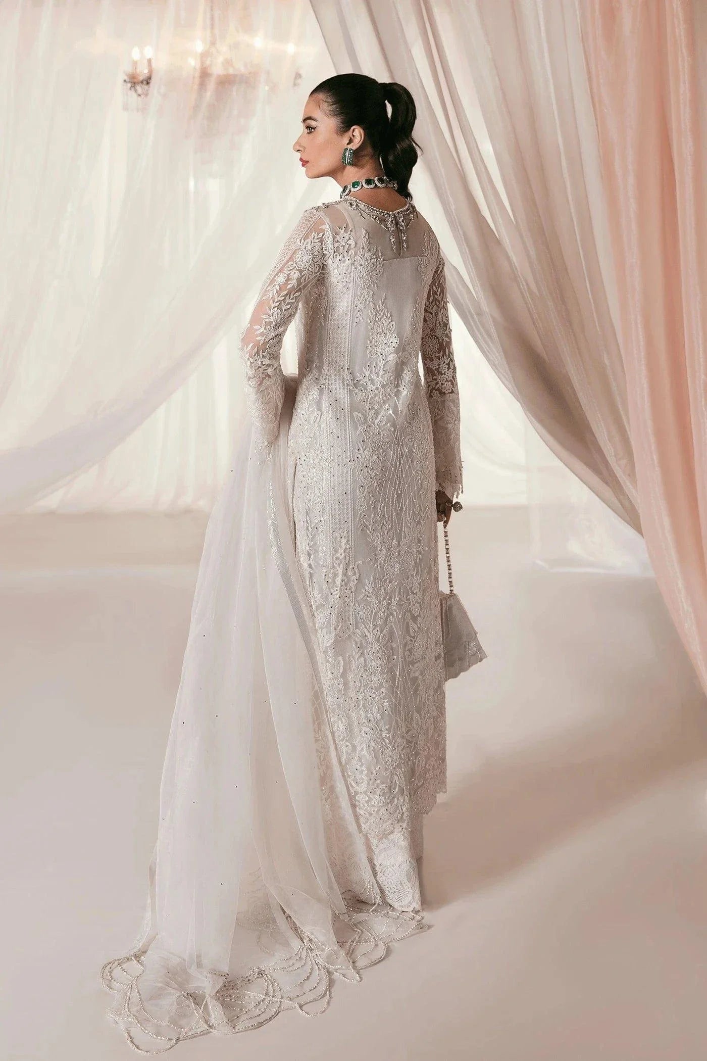 Nilofer Shahid - Pearl White Embroidered Net Shirt and Pure Lace Fabric Pants with Premium Organza Dupatta - Divine Love - 3 Piece - Studio by TCS