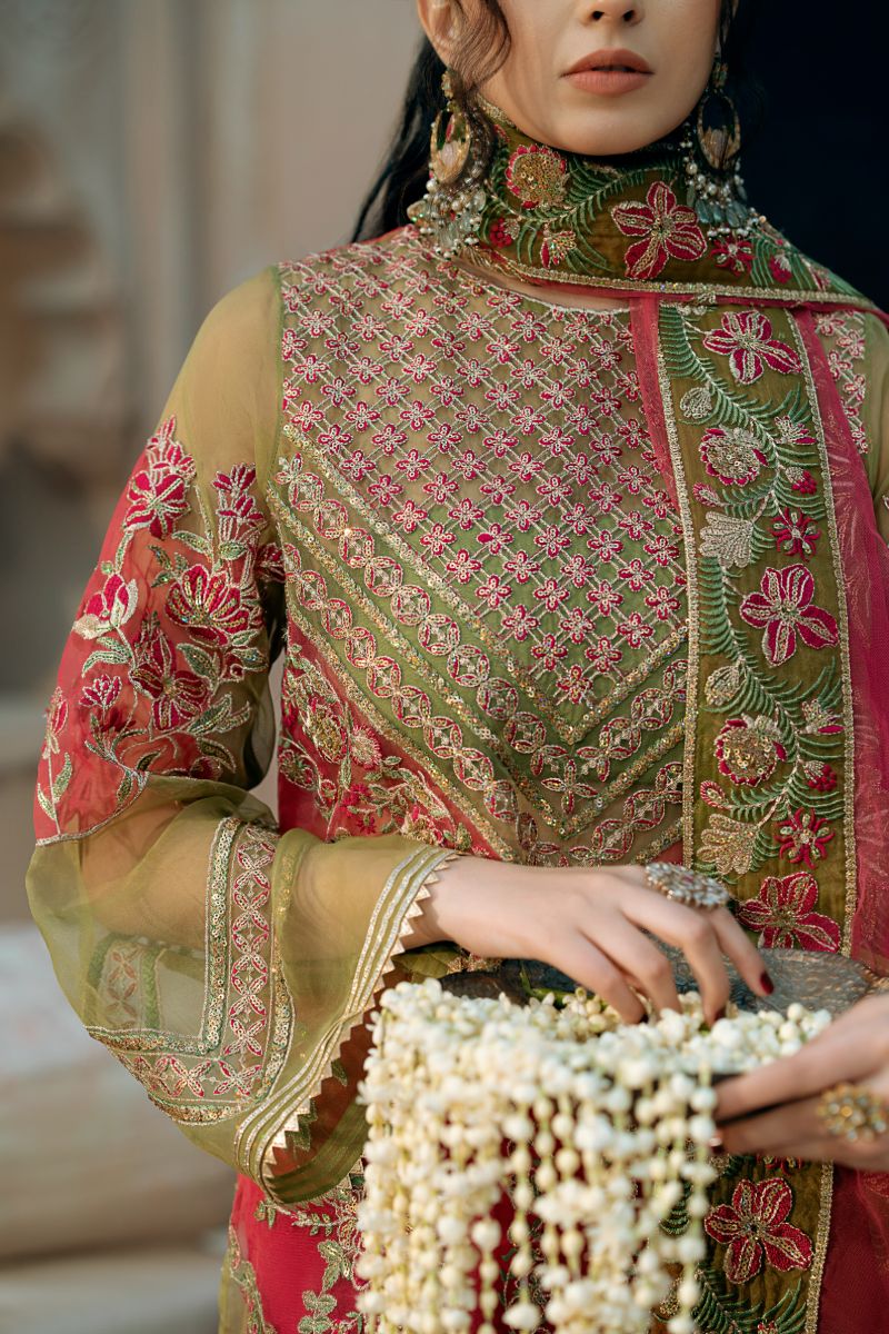 Fozia Khalid - Doli - Organza - Shocking pink & mehndi green - 4 Piece